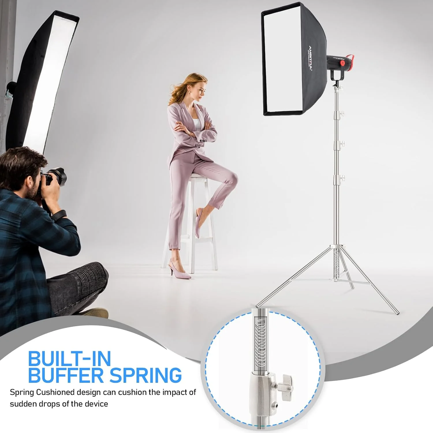 پایه سه پایه 4 متری استیل آمبیتفول با کمک فنر، سه پایه محکم با آداپتور جهانی 1/4 اینچ به 3/8 اینچ، پایه قابل تنظیم برای عکاسی استودیویی پرتره