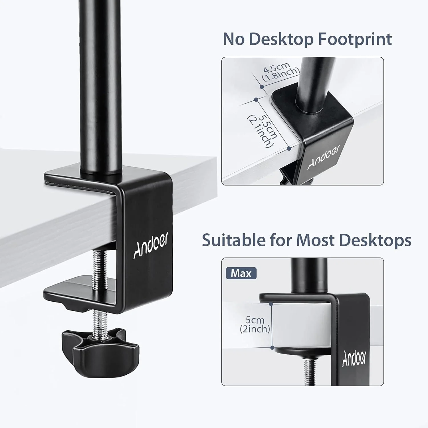 پایه رومیزی گیره ای Andoer، پایه نور آلیاژ آلومینیوم، ارتفاع قابل تنظیم 41-100 سانتی متر، پیچ 1/4 اینچی با سر توپی چرخان 360 درجه برای دوربین DSLR، نور حلقه ای، نور ویدئویی