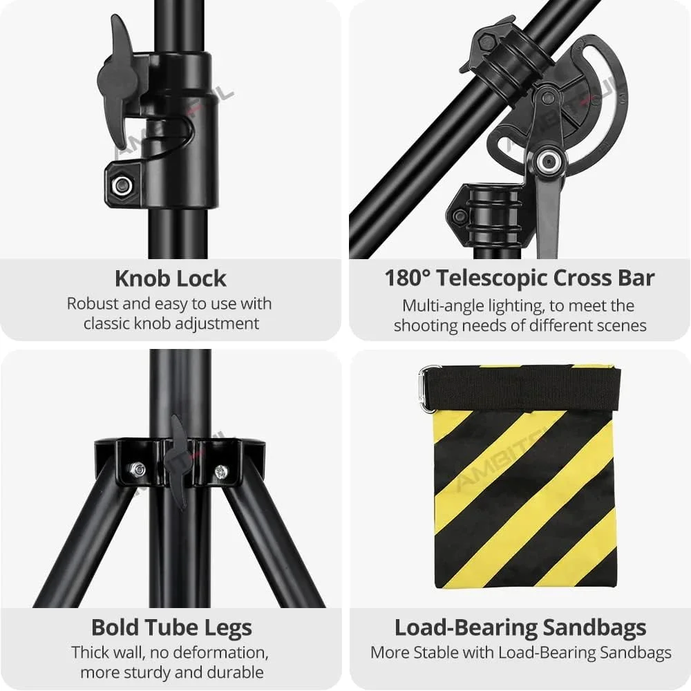 پایه نور سقفی بوم دار قابل تنظیم و چرخان آمبیتفول 375 سانتی متری به همراه کیسه شن و پیچ 1/4 3/4 مناسب برای نور LED استودیویی عکاسی و فیلمبرداری | آلومینیوم | وزن 4 کیلوگرم | حداکثر وزن قابل تحمل: 5 کیلوگرم