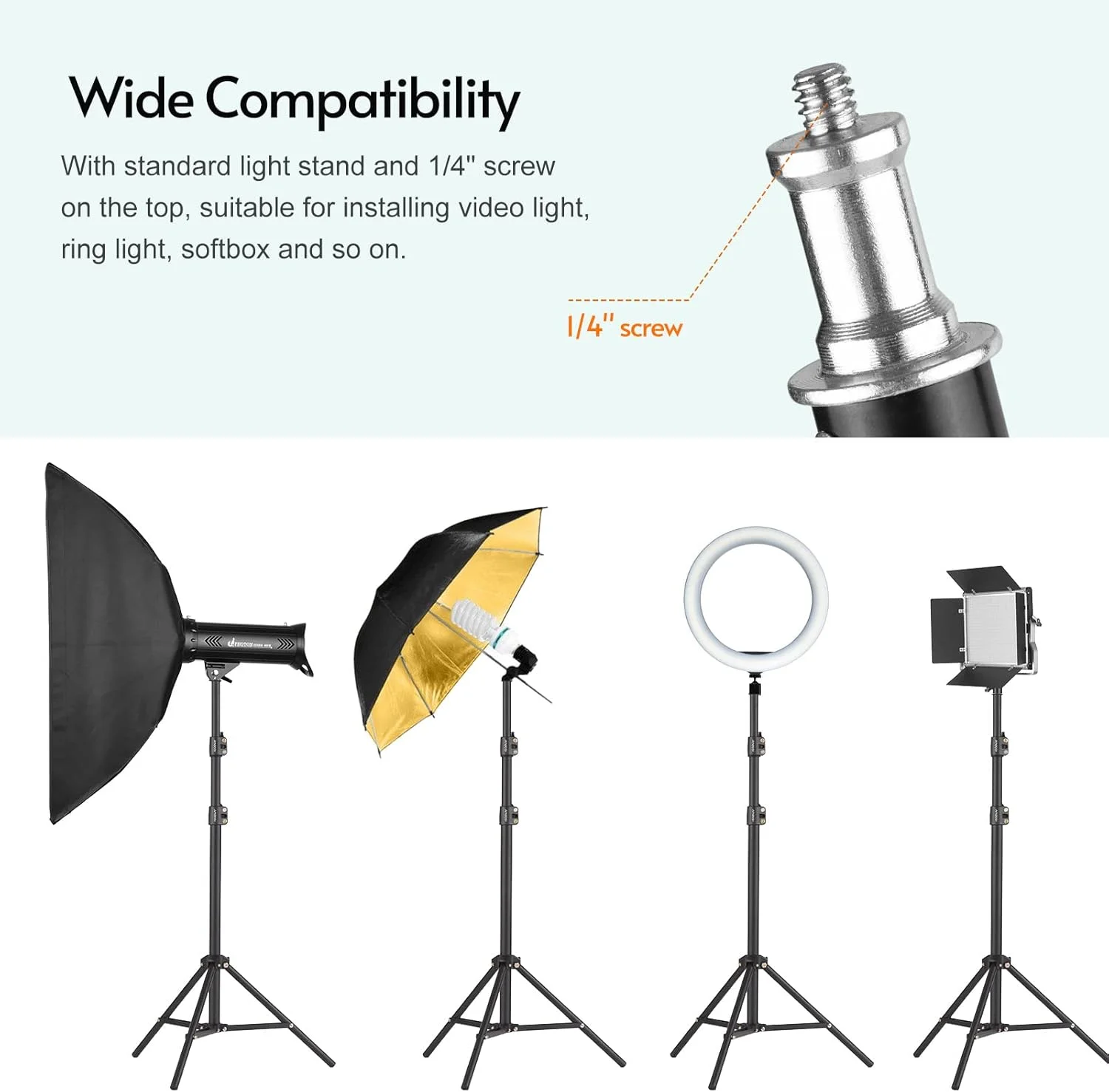 پایه نور پرتابل آندور 210 سانتی متری / 83 اینچی، سه پایه عکاسی فلزی مستحکم و قابل تنظیم با پیچ 1/4 اینچی برای رفلکتور استودیویی، سافت باکس، چراغ حلقه ای ال ای دی و ویدئو