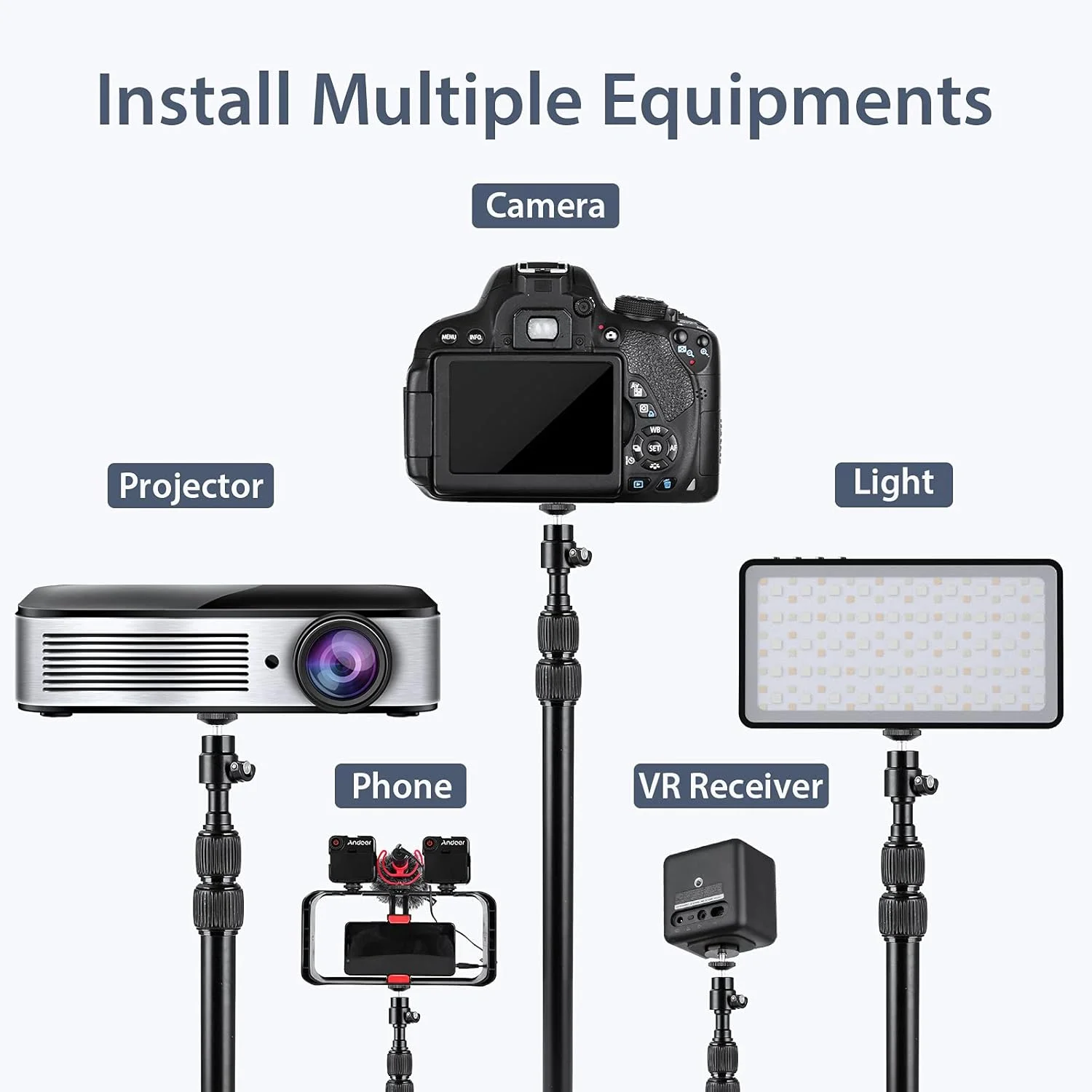 پایه رومیزی گیره ای Andoer، پایه نور آلیاژ آلومینیوم، ارتفاع قابل تنظیم 41-100 سانتی متر، پیچ 1/4 اینچی با سر توپی چرخان 360 درجه برای دوربین DSLR، نور حلقه ای، نور ویدئویی