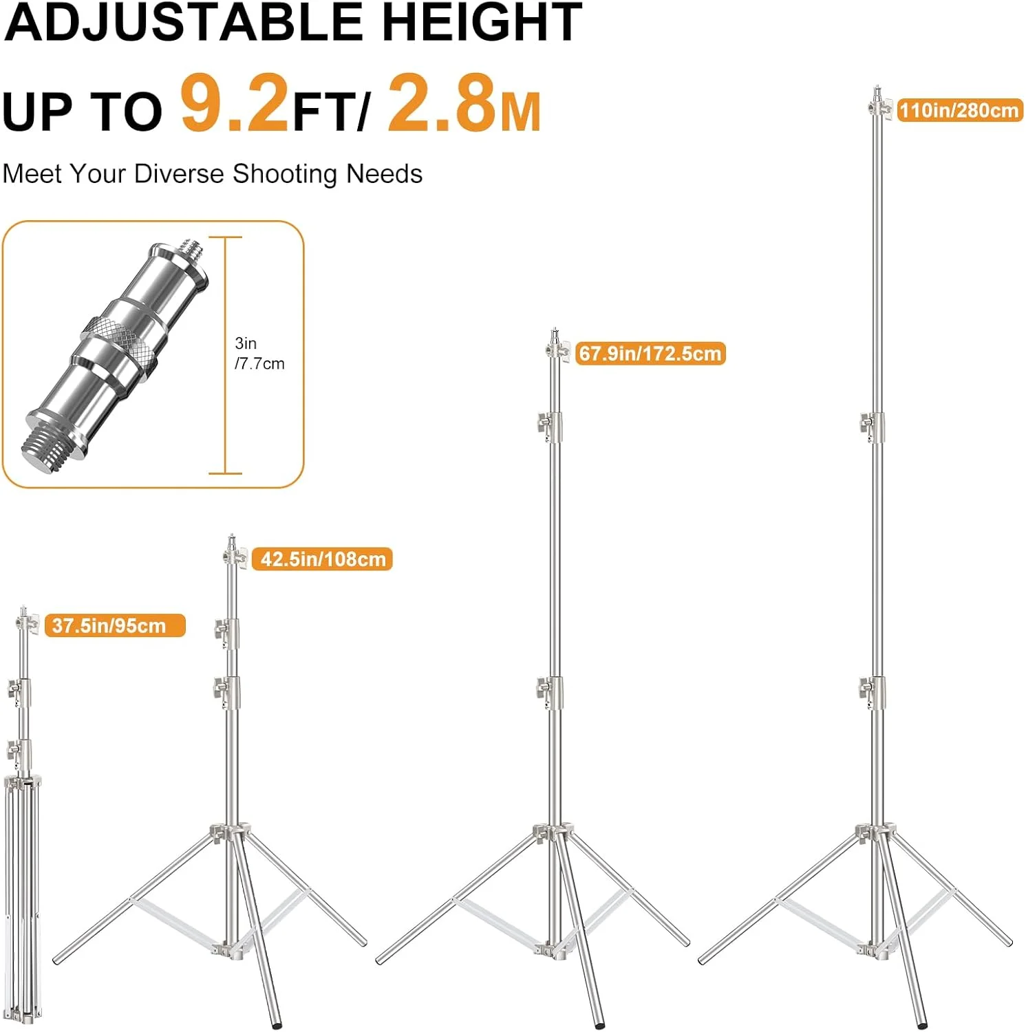 پایه نور استیل ضد زنگ 2.8 متری عکاسی، بسته 2 عددی سه پایه عکاسی سنگین با آداپتور پیچ 1/4 اینچ به 3/8 اینچ برای استروب، نور ویدئویی LED، رینگ لایت، مونولایت، سافت باکس پایه نور استیل ضد زنگ 2.8 متری عکاسی، بسته 2 عددی سه پایه عکاسی سنگین با آداپتور پیچ 1/4 اینچ به 3/8 اینچ برای استروب، نور ویدئویی LED، رینگ لایت، مونولایت، سافت باکس