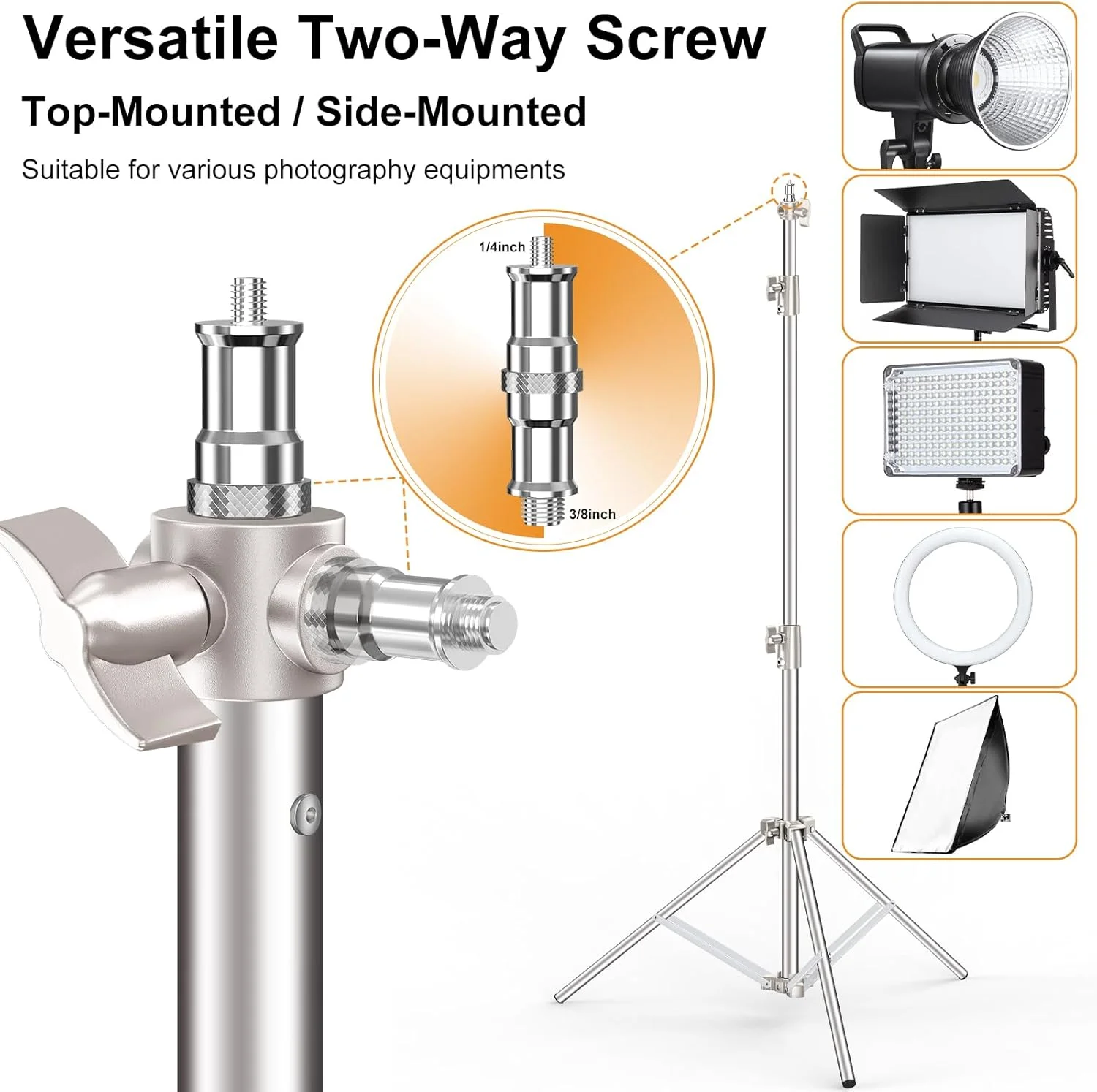 پایه نور استیل ضد زنگ 2.8 متری عکاسی، بسته 2 عددی سه پایه عکاسی سنگین با آداپتور پیچ 1/4 اینچ به 3/8 اینچ برای استروب، نور ویدئویی LED، رینگ لایت، مونولایت، سافت باکس پایه نور استیل ضد زنگ 2.8 متری عکاسی، بسته 2 عددی سه پایه عکاسی سنگین با آداپتور پیچ 1/4 اینچ به 3/8 اینچ برای استروب، نور ویدئویی LED، رینگ لایت، مونولایت، سافت باکس