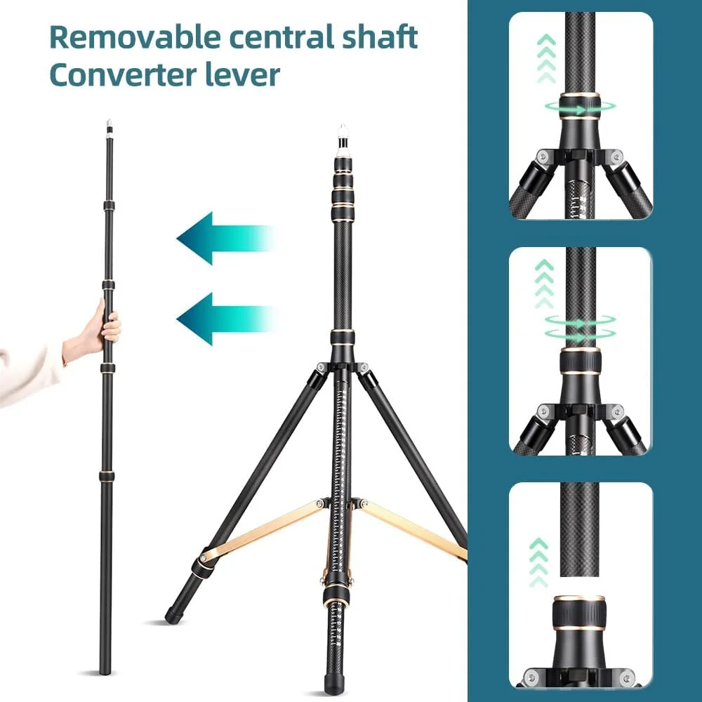 پایه سه پایه قابل تنظیم نور ویدئو فیبر کربنی 4 قسمتی با ظرفیت بار 6 کیلوگرم با ستون مرکزی جداشدنی پیچ 1/4 اینچ 3/8 اینچ برای فلاش LED