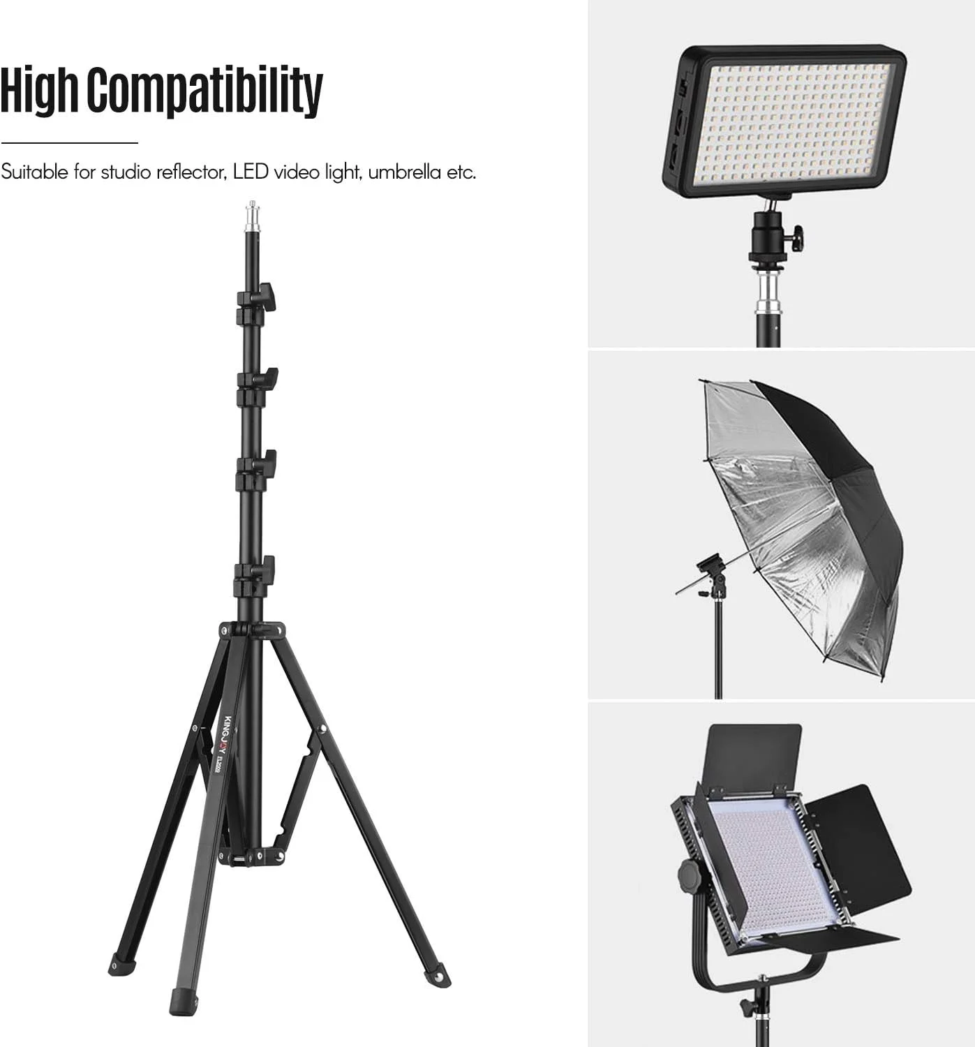 پایه نور فلزی قابل تنظیم FL2009 با ظرفیت بارگیری 10 کیلوگرم، پیچ 1/4 اینچی، حداکثر ارتفاع 182 سانتی متر، مناسب برای رفلکتور استودیویی، سافت باکس، نور ویدئویی LED، چتر