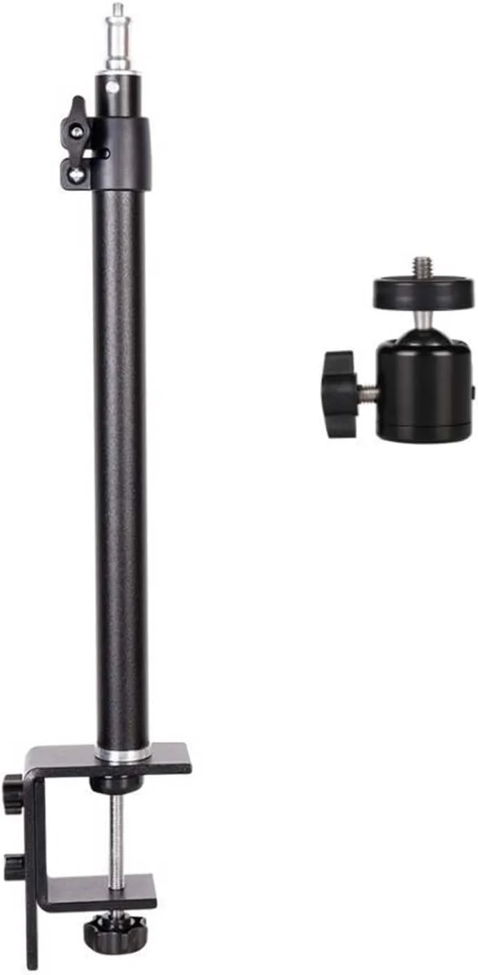 پایه رومیزی قابل تنظیم، با قابلیت افزایش طول ۴۶-۶۸ سانتی متر با پیچ ۱/۴ و یک سر توپی ۳۶۰ درجه اضافی، گیره نگهدارنده دوربین برای DSLR، نور حلقه ای، پخش زنده، فیلمبرداری