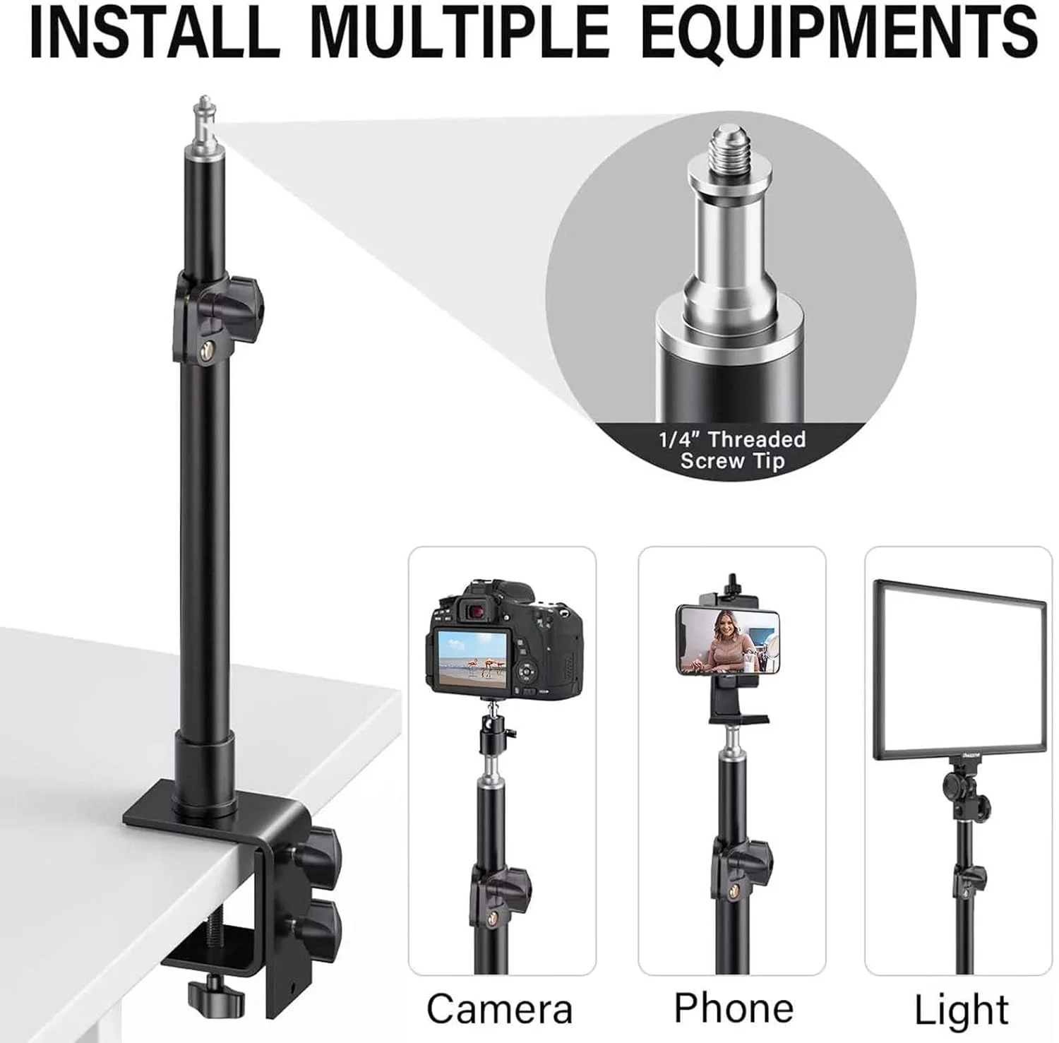 پایه رومیزی قابل تنظیم، با قابلیت افزایش طول ۴۶-۶۸ سانتی متر با پیچ ۱/۴ و یک سر توپی ۳۶۰ درجه اضافی، گیره نگهدارنده دوربین برای DSLR، نور حلقه ای، پخش زنده، فیلمبرداری