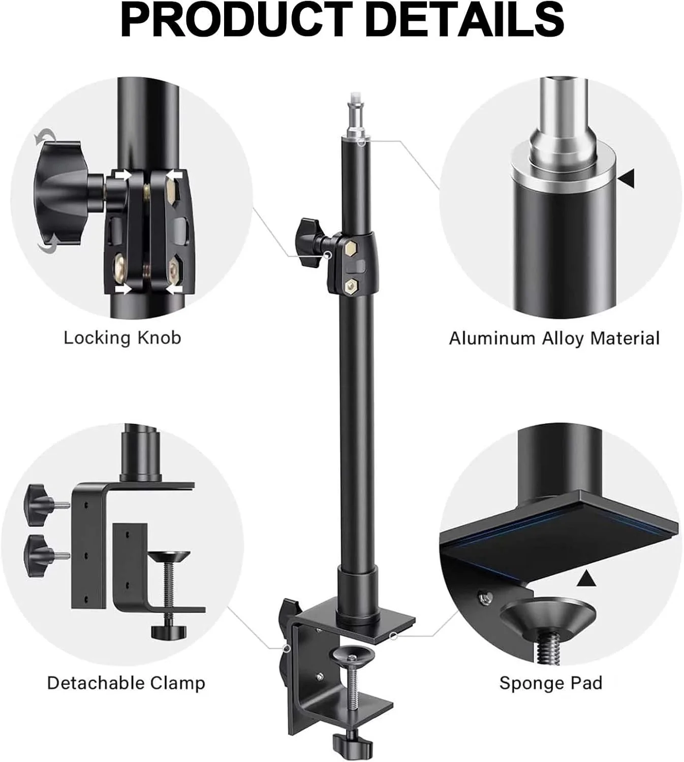 پایه رومیزی قابل تنظیم، با قابلیت افزایش طول ۴۶-۶۸ سانتی متر با پیچ ۱/۴ و یک سر توپی ۳۶۰ درجه اضافی، گیره نگهدارنده دوربین برای DSLR، نور حلقه ای، پخش زنده، فیلمبرداری