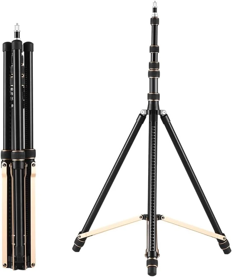 پایه نور ویدئویی قابل تنظیم 252 سانتی‌متری، ساخته شده از آلیاژ آلومینیوم، 4 قسمتی، با ظرفیت بارگیری 6 کیلوگرم، دارای ستون مرکزی جداشدنی با پیچ رزوه ای 1/4 و 3/8 اینچی، مناسب برای نورهای LED ویدئویی YUNNSTORE