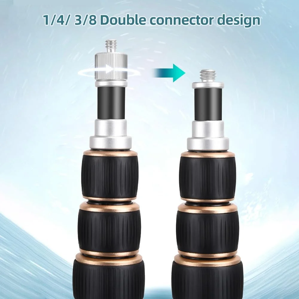 پایه نور ویدئویی قابل تنظیم 252 سانتی‌متری، ساخته شده از آلیاژ آلومینیوم، 4 قسمتی، با ظرفیت بارگیری 6 کیلوگرم، دارای ستون مرکزی جداشدنی با پیچ رزوه ای 1/4 و 3/8 اینچی، مناسب برای نورهای LED ویدئویی YUNNSTORE