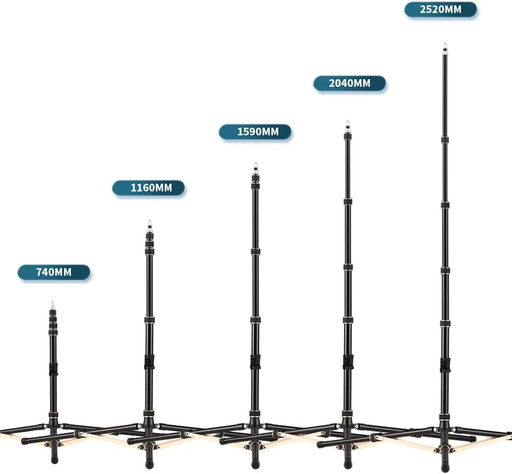 پایه نور ویدئویی قابل تنظیم 252 سانتی‌متری، ساخته شده از آلیاژ آلومینیوم، 4 قسمتی، با ظرفیت بارگیری 6 کیلوگرم، دارای ستون مرکزی جداشدنی با پیچ رزوه ای 1/4 و 3/8 اینچی، مناسب برای نورهای LED ویدئویی YUNNSTORE