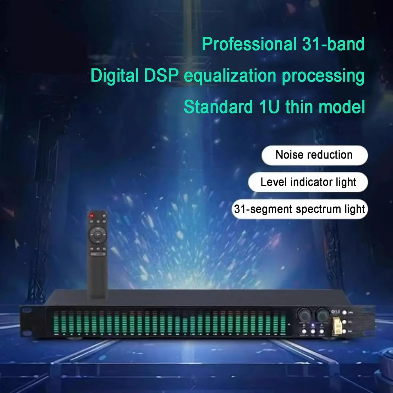اکولایزر گرافیکی استریو 31 باندی، اکولایزر تنظیم دیجیتال خانگی با نمایشگر طیف LED - 21 جلوه از پیش تنظیم شده، کاهش نویز خودکار، با تنظیمات Low/Mid/Treble، برای استودیوی ضبط