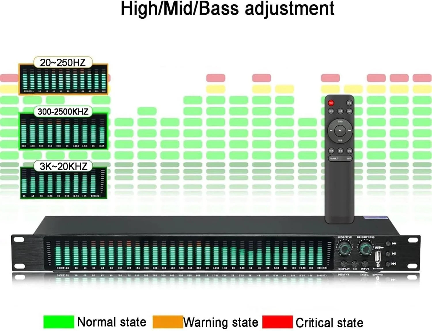 اکولایزر گرافیکی استریو 31 باندی، اکولایزر تنظیم دیجیتال خانگی با نمایشگر طیف LED - 21 جلوه از پیش تنظیم شده، کاهش نویز خودکار، با تنظیمات Low/Mid/Treble، برای استودیوی ضبط
