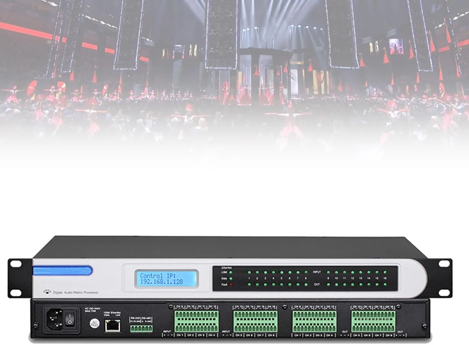 ماتریکس صوتی دیجیتال حرفه ای 16 ورودی و 16 خروجی، 32 مجموعه از پیش تنظیمات صحنه، عملکرد مانیتورینگ ولتاژ/هشدار دما داخلی، پردازنده تجهیزات برای استیج، کنفرانس