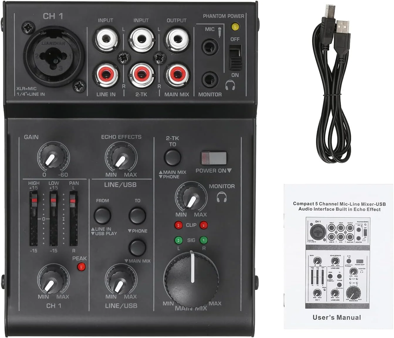 میکسر صدای جمع و جور 5 کاناله با رابط صوتی USB، اکولایزر 2 باندی و افکت اکو داخلی برای پخش زنده و دی جی