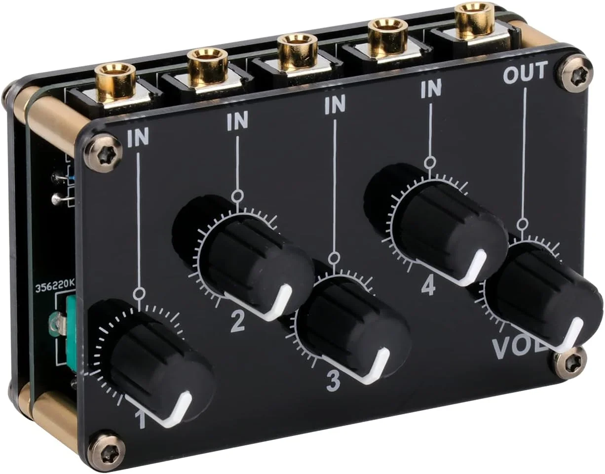 ماژول میکسر پسیو 4 ورودی به 1 خروجی مینی استریو 4 کانال، میکسر صوتی پسیو با نویز کم و فوق العاده جمع و جور برای کنسول استودیو، استیج، باشگاه کوچک یا بار