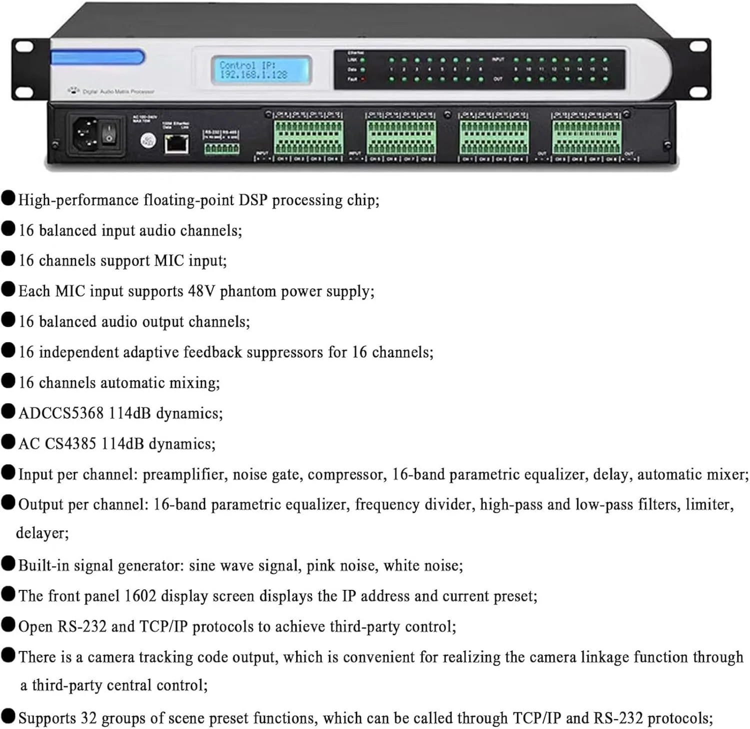 ماتریکس صوتی دیجیتال حرفه ای 16 ورودی و 16 خروجی، 32 مجموعه از پیش تنظیمات صحنه، عملکرد مانیتورینگ ولتاژ/هشدار دما داخلی، پردازنده تجهیزات برای استیج، کنفرانس