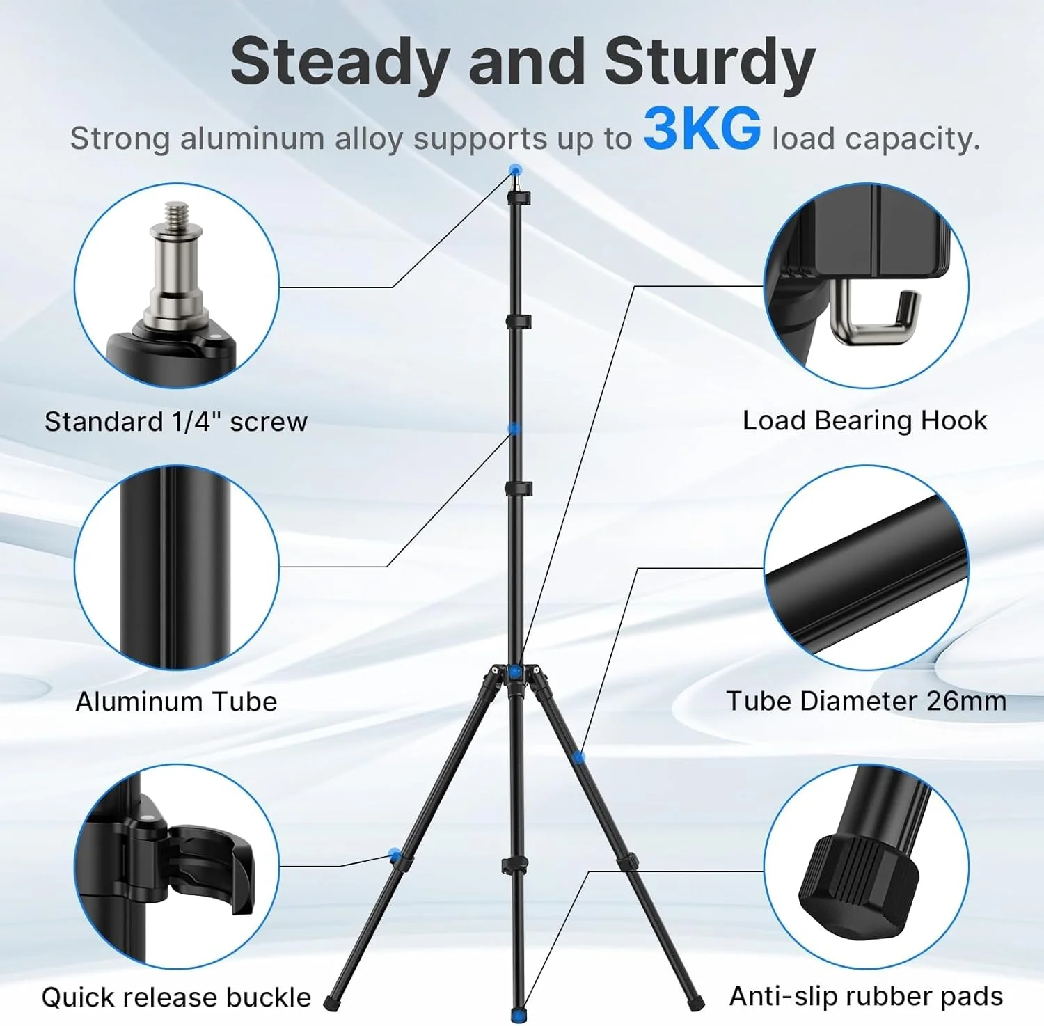 سه پایه نور ULANZI TT43، سه پایه عکاسی آلومینیومی قابل تنظیم و گسترش تا 1.9 متر، راه حل نورپردازی قابل حمل برای چراغ های استروب، وب کم ها، دوربین ها و سافت باکس ها