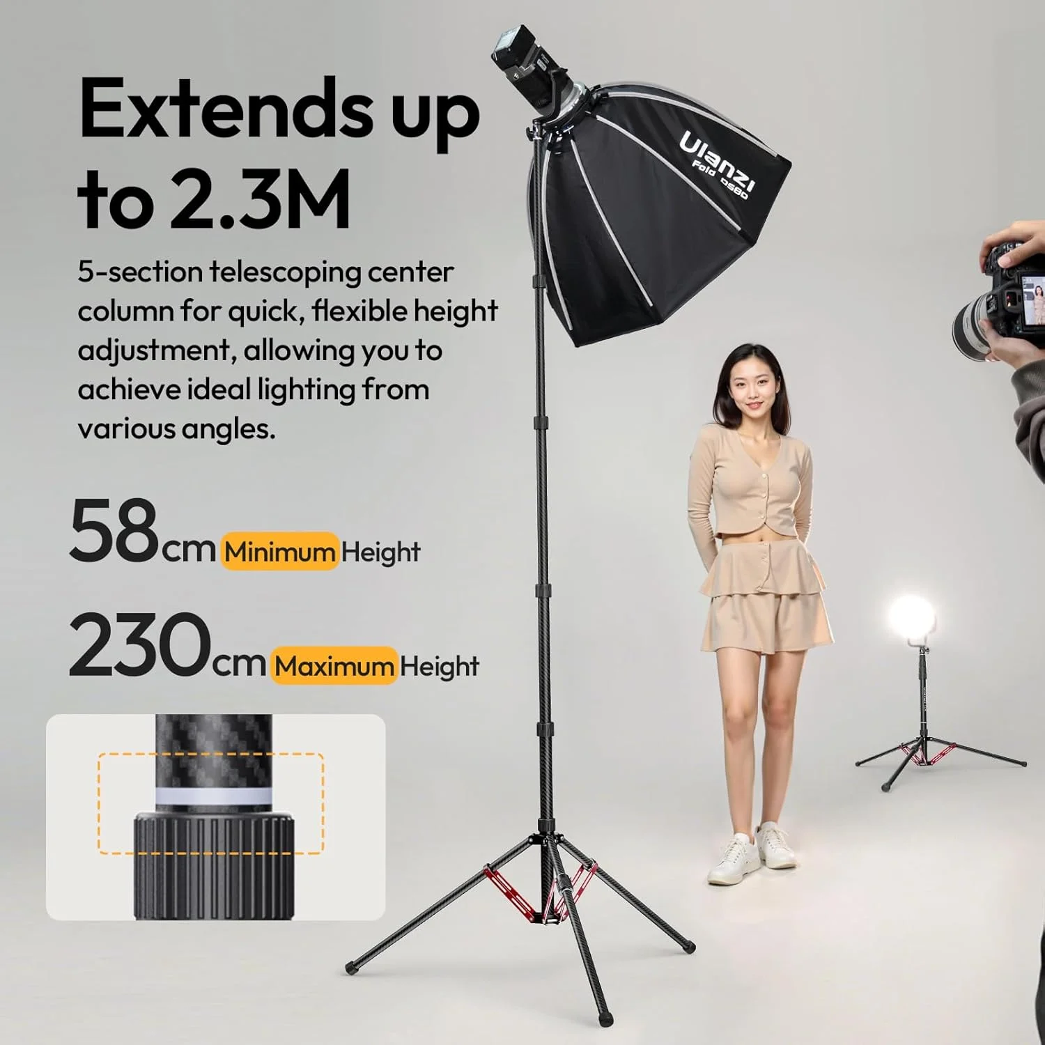 پایه نور کربنی ULANZI T230 با ارتفاع 230 سانتی متر، پایه چراغ فیبر کربنی حرفه ای و برگشت پذیر به همراه کیف حمل، حداکثر تحمل وزن 5 کیلوگرم، محور مرکزی قابل جابجایی، سه پایه فلزی قابل حمل و جمع و جور برای نور استودیویی پایه نور کربنی ULANZI T230 با ارتفاع 230 سانتی متر، پایه چراغ فیبر کربنی حرفه ای و برگشت پذیر به همراه کیف حمل، حداکثر تحمل وزن 5 کیلوگرم، محور مرکزی قابل جابجایی، سه پایه فلزی قابل حمل و جمع و جور برای نور استودیویی