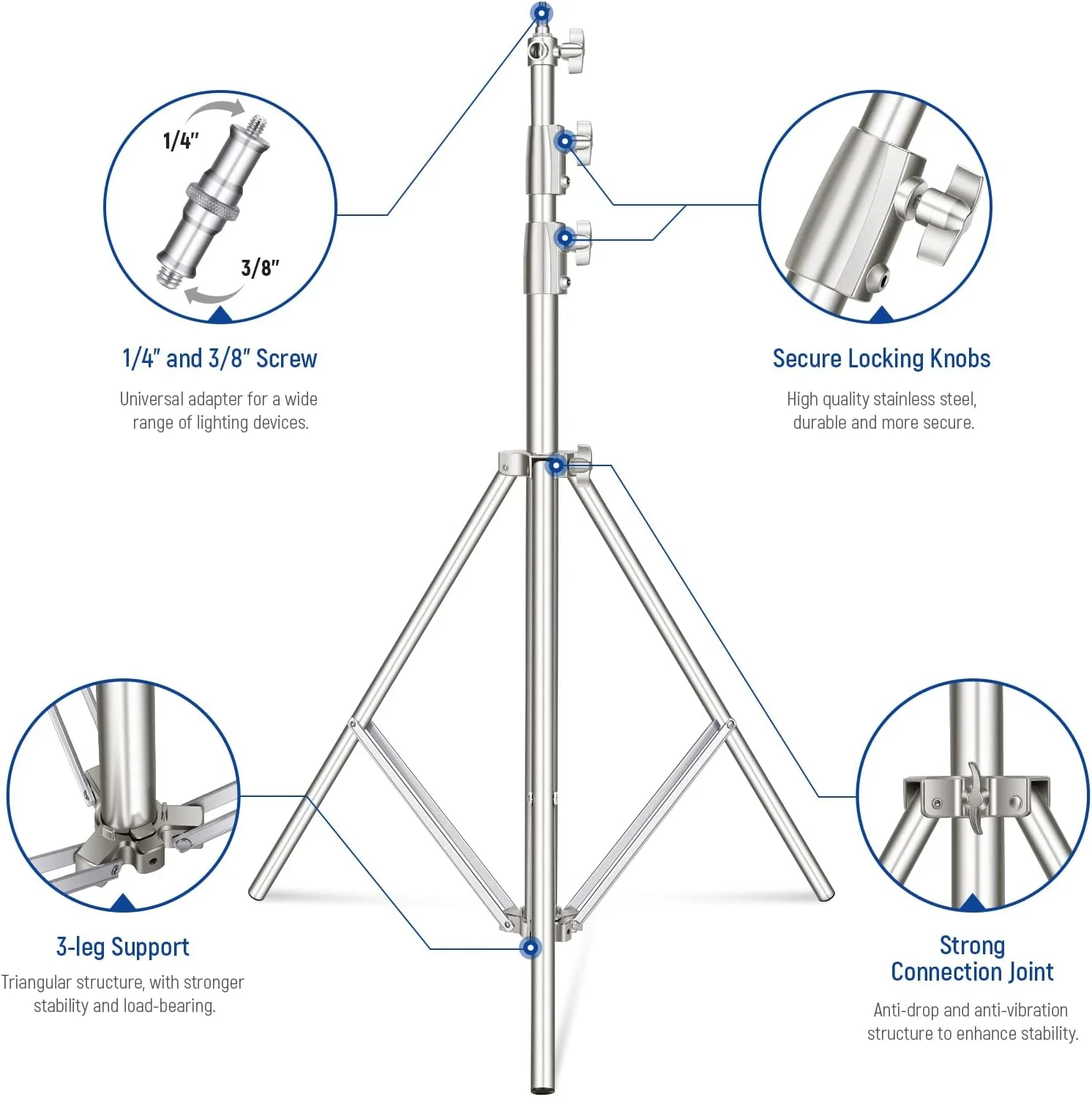 پایه نور استیل نیوئر 2.8 متری، سه پایه فنری سنگین عکاسی با آداپتور پیچ جهانی 1/4 اینچ به 3/8 اینچ برای فلاش، نور ویدئویی ال ای دی، رینگ لایت، مونو لایت، سافت باکس