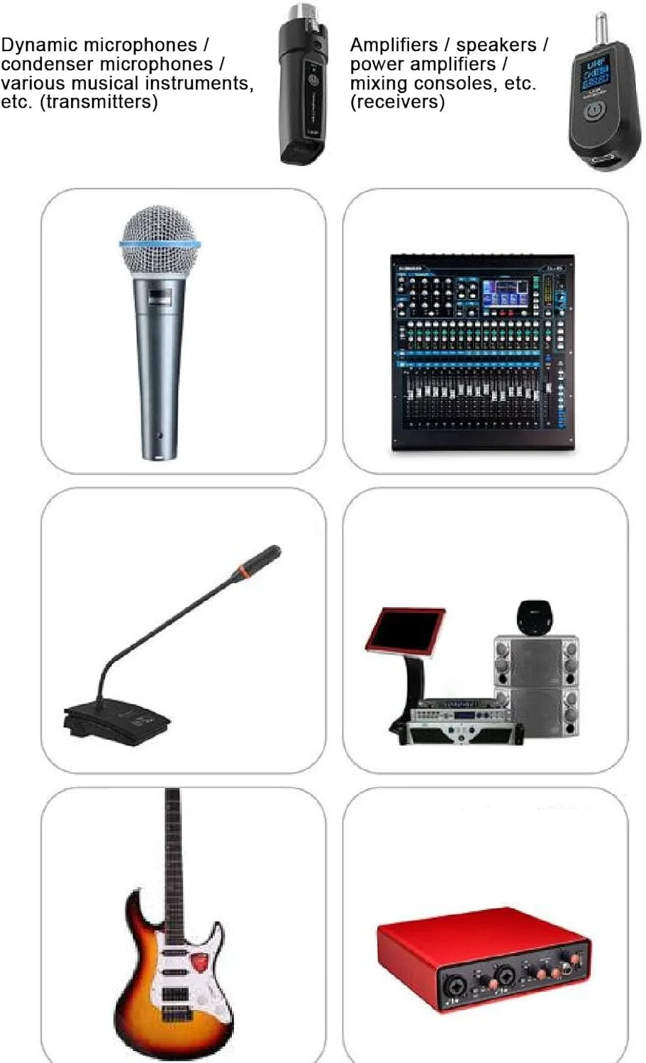 سیستم میکروفون بی سیم UHF، فرستنده و گیرنده میکروفون بی سیم قابل شارژ با برد 30 متری و تاخیر 3 میلی ثانیه برای میکروفون دینامیک، میکسر و اجرای گروه موسیقی