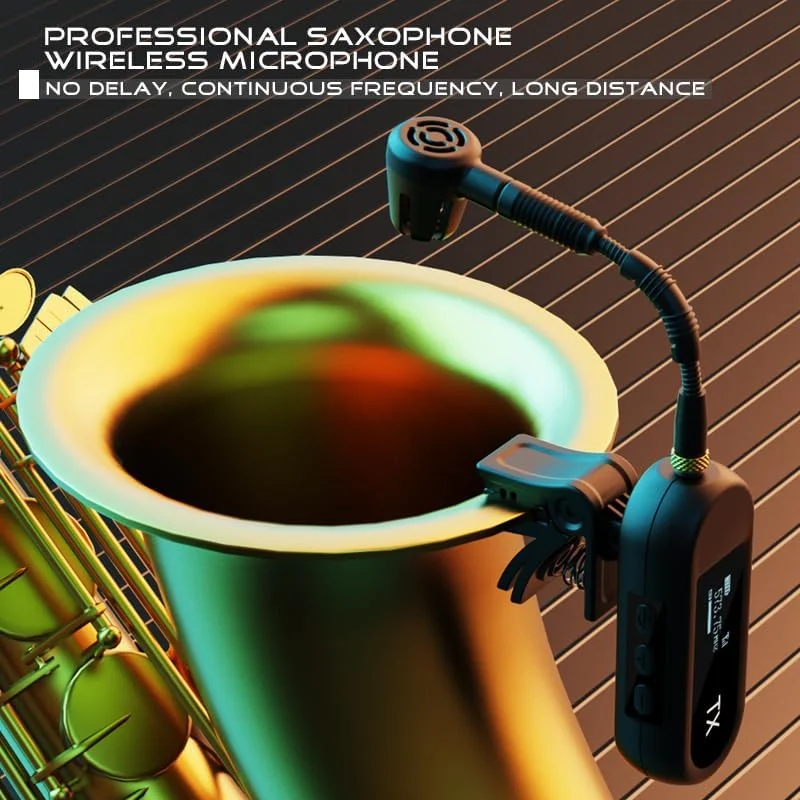 سیستم میکروفون بی سیم UHF برای ساکسیفون YXG، میکروفون گیره ای برای سازهای بادی ساکس و ترومپت، EQ از پیش تنظیم شده و اکو، برد 30 متری، فرستنده و گیرنده قابل شارژ، 8 ساعت کارکرد