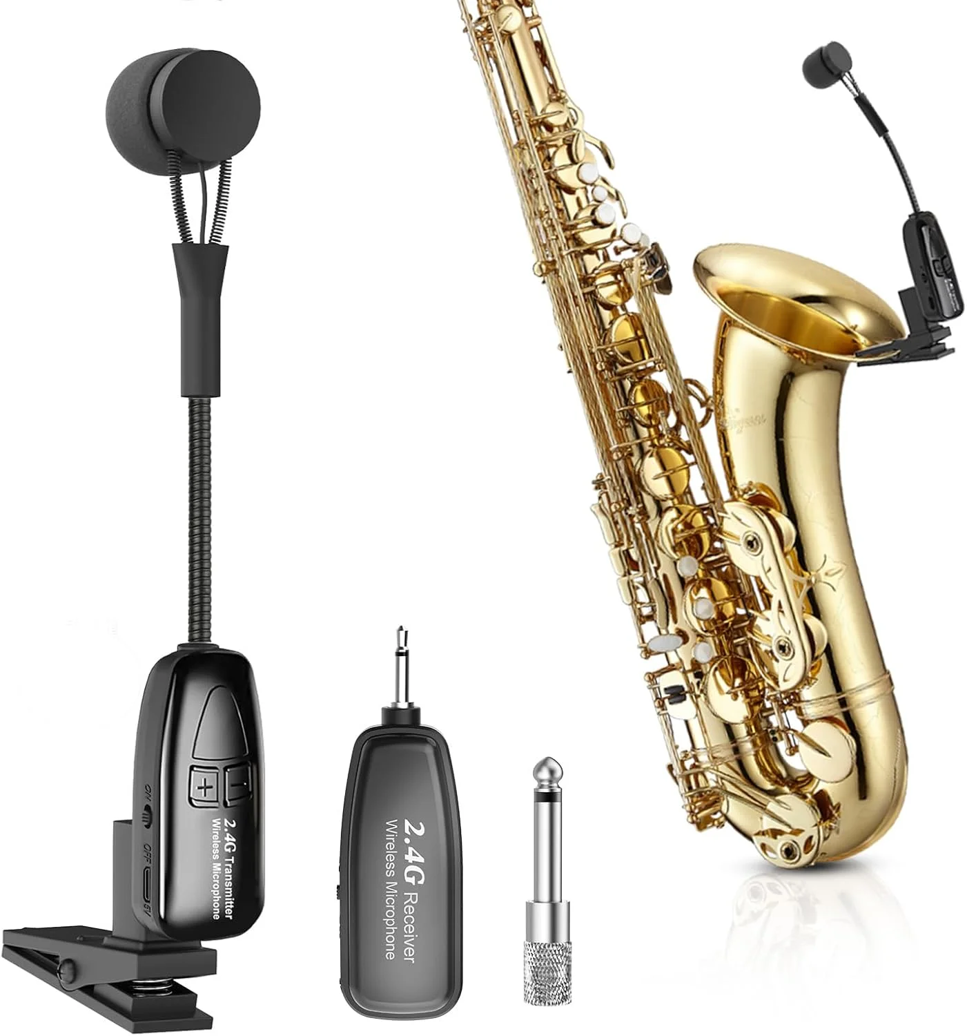 میکروفون بی سیم سازهای موسیقی XIAOKOA، میکروفون گیره ای 2.4G، فرستنده و گیرنده قابل شارژ، برد 30 متری، مناسب برای ساکسیفون، ترومپت، توبا، ترومبون، کورنت و فرنچ هورن