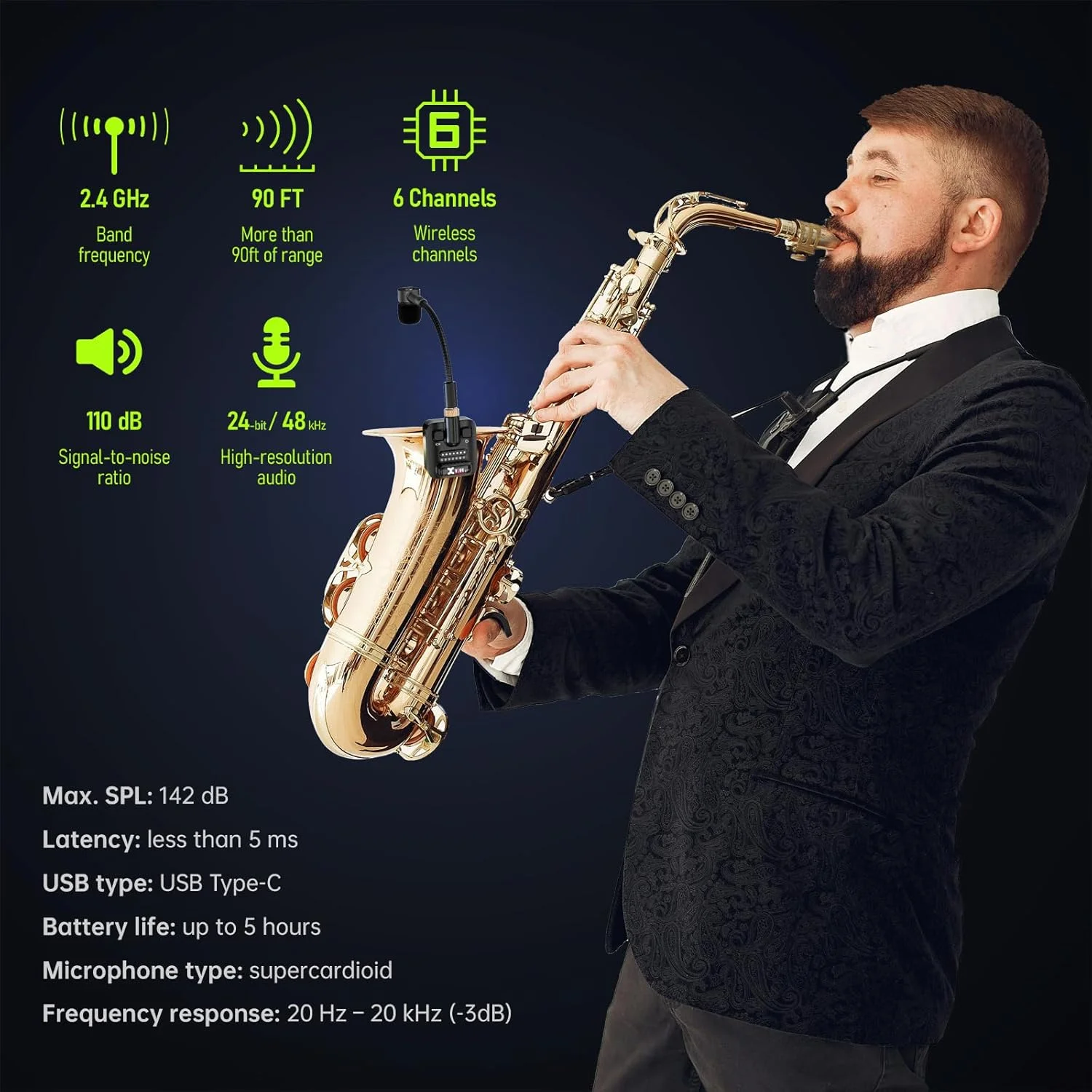سیستم میکروفون بی سیم Xvive U7 برای ساکسیفون، میکروفون بی سیم 2.4 گیگاهرتز برای ساکسیفون، ترومپت، ترومبون و سازهای بادی برنجی