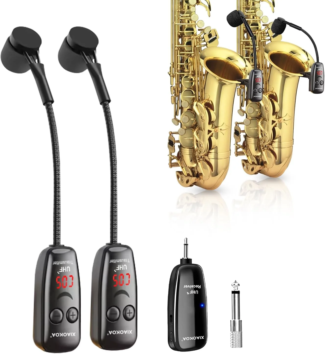 میکروفون بی سیم ساز شیاوکوآ، میکروفون دوگانه ی یواچ اف برای ساکسیفون، گیرنده و فرستنده بی سیم، برد 50 متر، اتصال آسان، مناسب برای ترومپت، کلارینت، ویولنسل