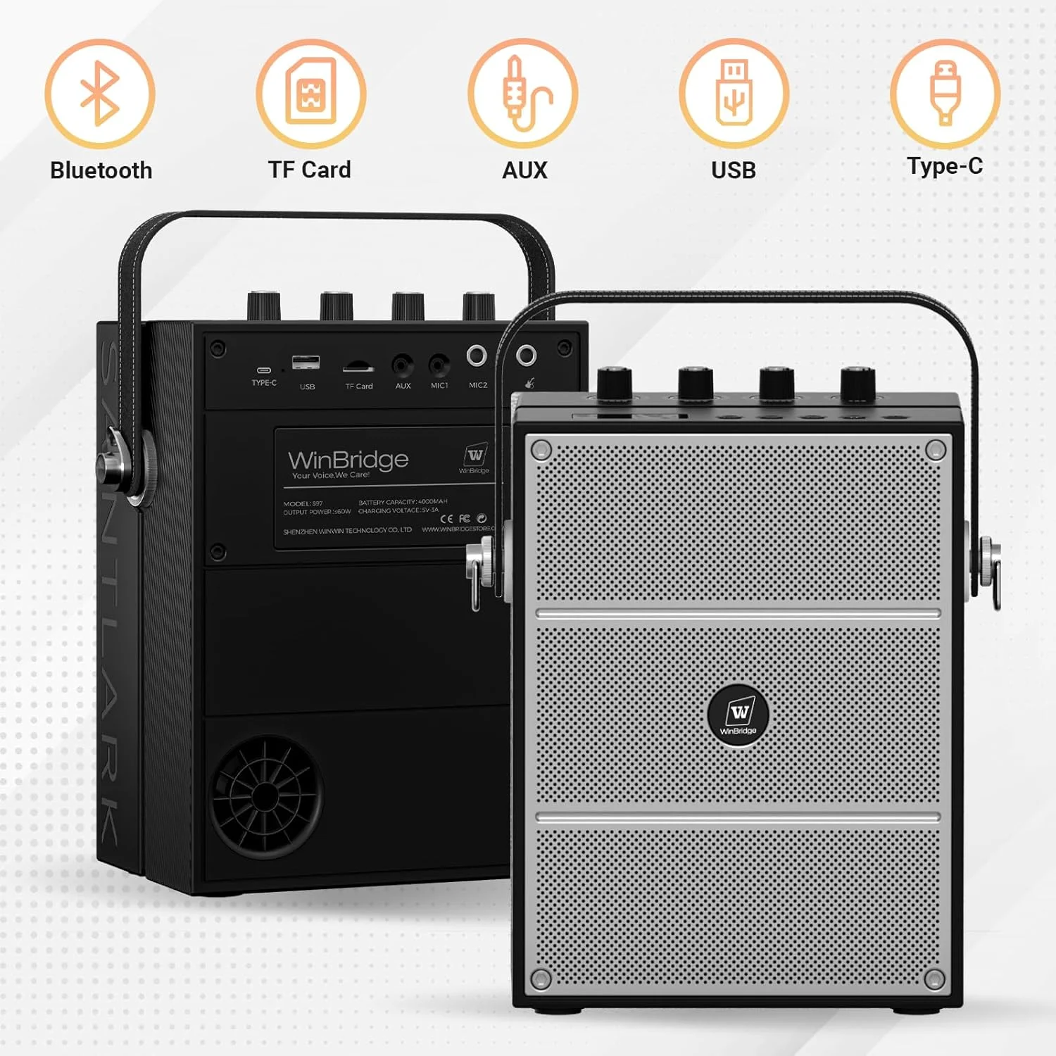 تقویت کننده صدای بی سیم قدرتمند 60 واتی WinBridge با میکروفون های دستی و هدست، سیستم PA قابل حمل با جلوه های صوتی، بلندگوی کارائوکه و سیستم S97 تقویت کننده صدای بی سیم قدرتمند 60 واتی WinBridge با میکروفون های دستی و هدست، سیستم PA قابل حمل با جلوه های صوتی، بلندگوی کارائوکه و سیستم S97