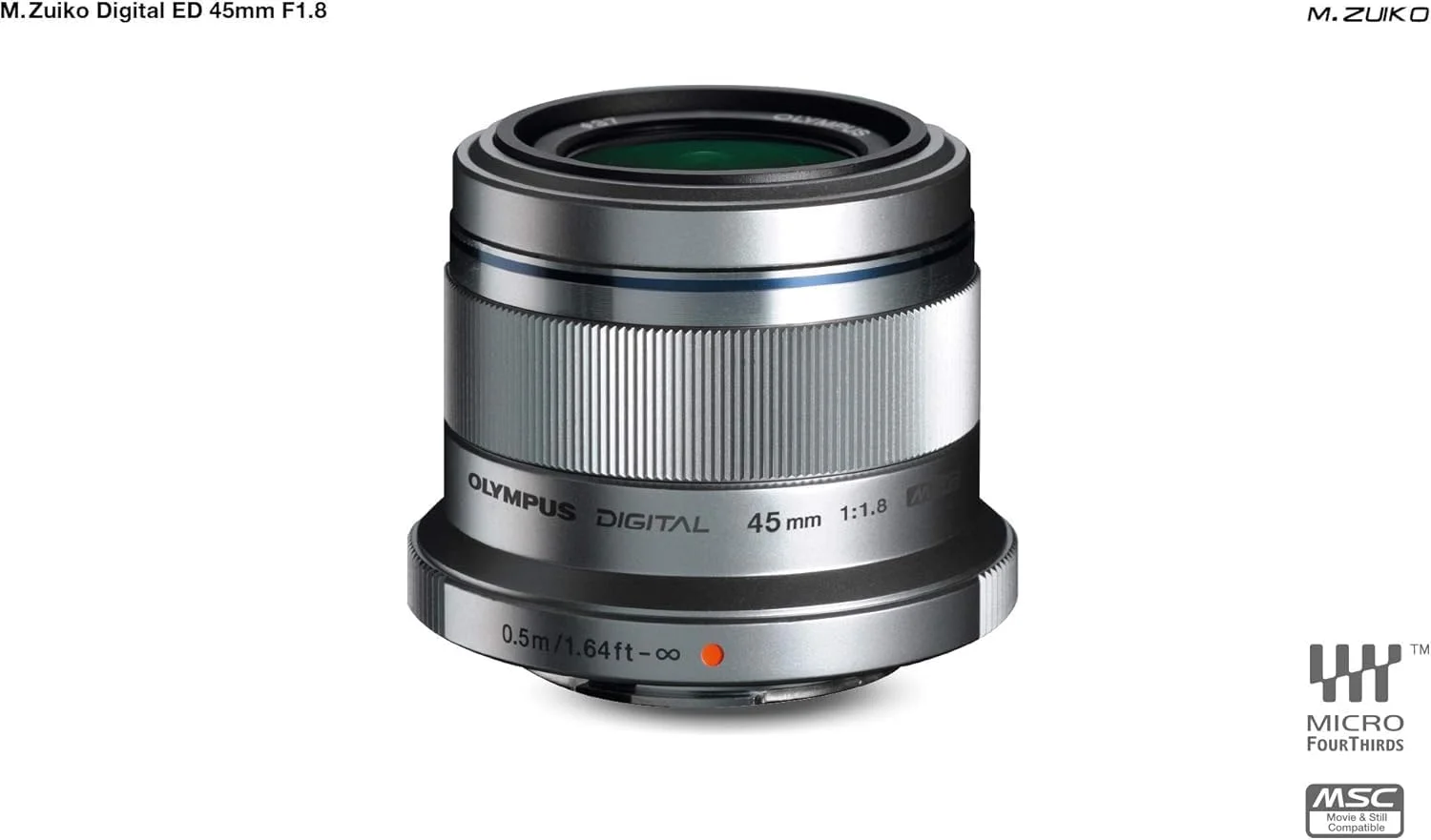 لنز OM SYSTEM Olympus M.Zuiko Digital 45 mm F1.8، فاصله کانونی ثابت سریع، مناسب برای تمام دوربین های MFT (مدل های Olympus OM-D & PEN، سری Panasonic G)، نقره ای لنز OM SYSTEM Olympus M.Zuiko Digital 45 mm F1.8، فاصله کانونی ثابت سریع، مناسب برای تمام دوربین های MFT (مدل های Olympus OM-D & PEN، سری Panasonic G)، نقره ای