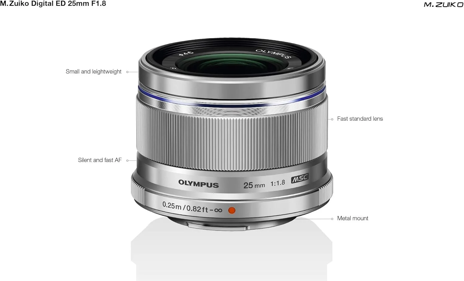 لنز 25 میلیمتری المپوس M.Zuiko Digital با دیافراگم F1.8، طول کانونی ثابت و سریع، مناسب برای تمامی دوربینهای MFT (مدلهای Olympus OM-D & PEN، سری Panasonic G)، نقرهای لنز 25 میلیمتری المپوس M.Zuiko Digital با دیافراگم F1.8، طول کانونی ثابت و سریع، مناسب برای تمامی دوربینهای MFT (مدلهای Olympus OM-D & PEN، سری Panasonic G)، نقرهای