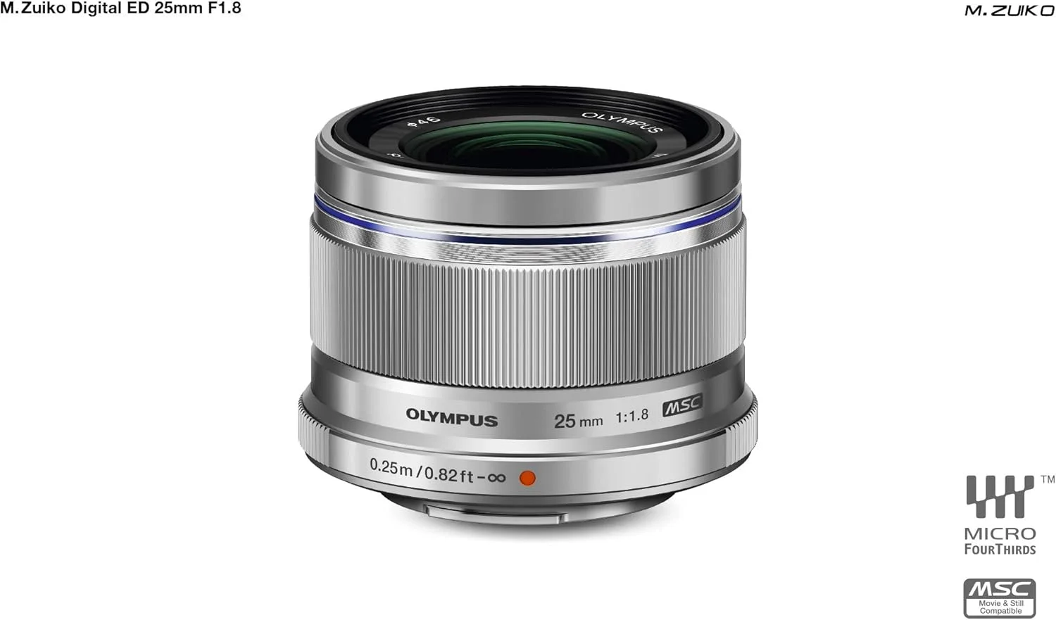 لنز 25 میلیمتری المپوس M.Zuiko Digital با دیافراگم F1.8، طول کانونی ثابت و سریع، مناسب برای تمامی دوربینهای MFT (مدلهای Olympus OM-D & PEN، سری Panasonic G)، نقرهای لنز 25 میلیمتری المپوس M.Zuiko Digital با دیافراگم F1.8، طول کانونی ثابت و سریع، مناسب برای تمامی دوربینهای MFT (مدلهای Olympus OM-D & PEN، سری Panasonic G)، نقرهای