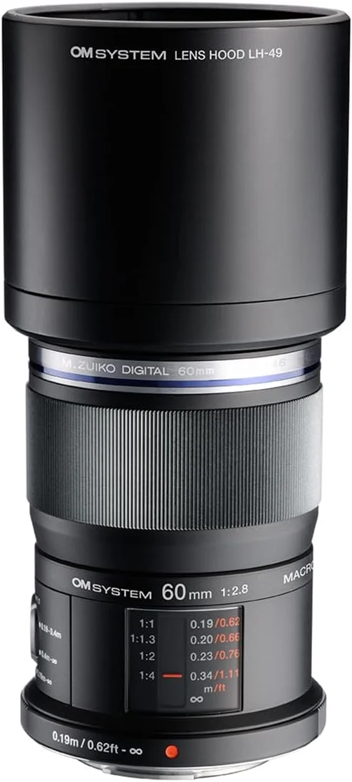 لنز ماکرو 60mm F2.8 OM SYSTEM Olympus M.Zuiko Digital ED برای دوربین های سیستم میکرو چهار سوم، طراحی مقاوم در برابر آب و هوا، سوییچ محدود کننده فوکوس، روشن