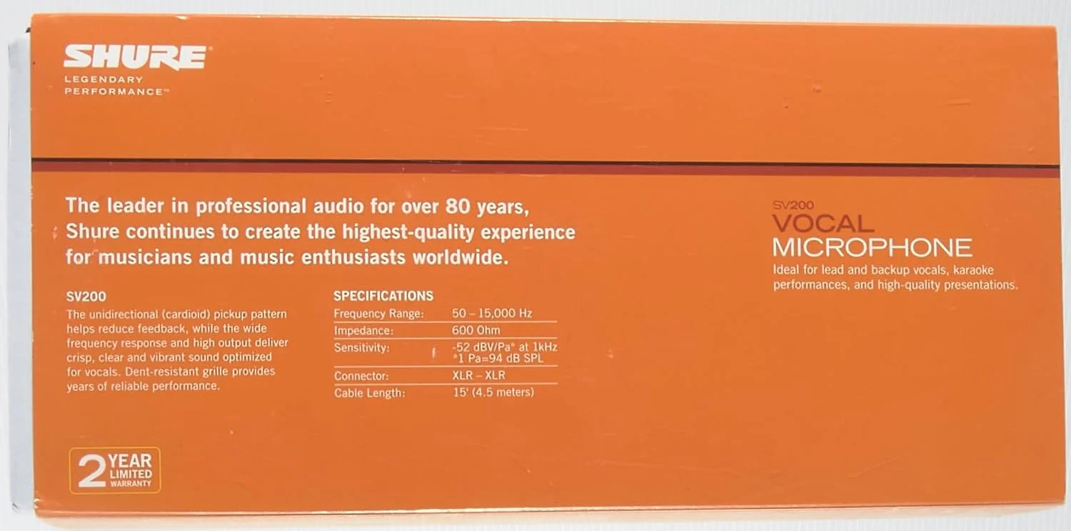 میکروفون دستی داینامیک کاردیوئید Shure SV200، پاسخ فرکانسی گسترده، کاهش فیدبک، برای آواز زنده و کارائوکه، مشکی
