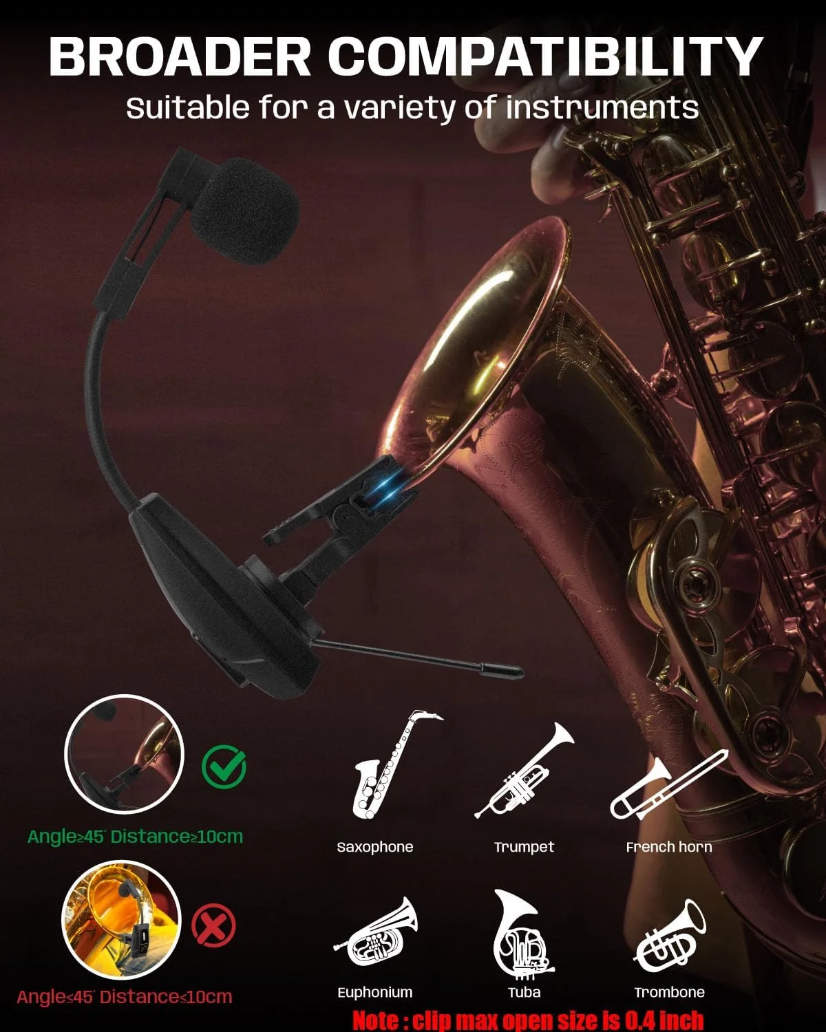 میکروفون ساکسیفون، سیستم میکروفون بی سیم قابل شارژ UHF با فرستنده و گیرنده با برد 60 متر، میکروفون کندانسور گیره ای برای ترومپت، ترومبون، ساکسیفون، اکثر سازهای بادی برنجی