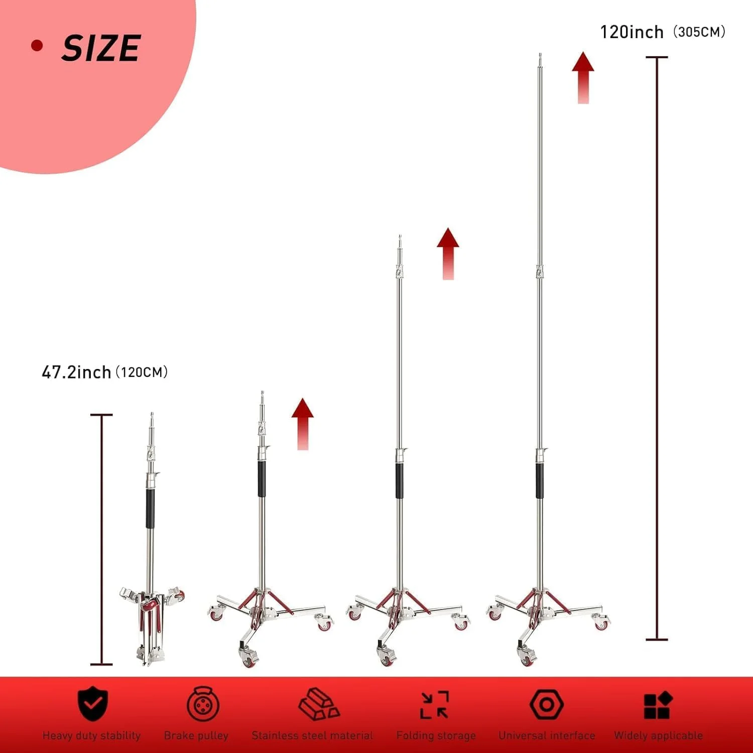 پایه نور سنگین و مقاوم ای‌وینر با چرخ‌های قابل تنظیم، سه پایه استیل ضد زنگ چرخ‌دار برای نورهای استودیویی، سافت باکس، رفلکتور، حداکثر ارتفاع: 305 سانتی‌متر