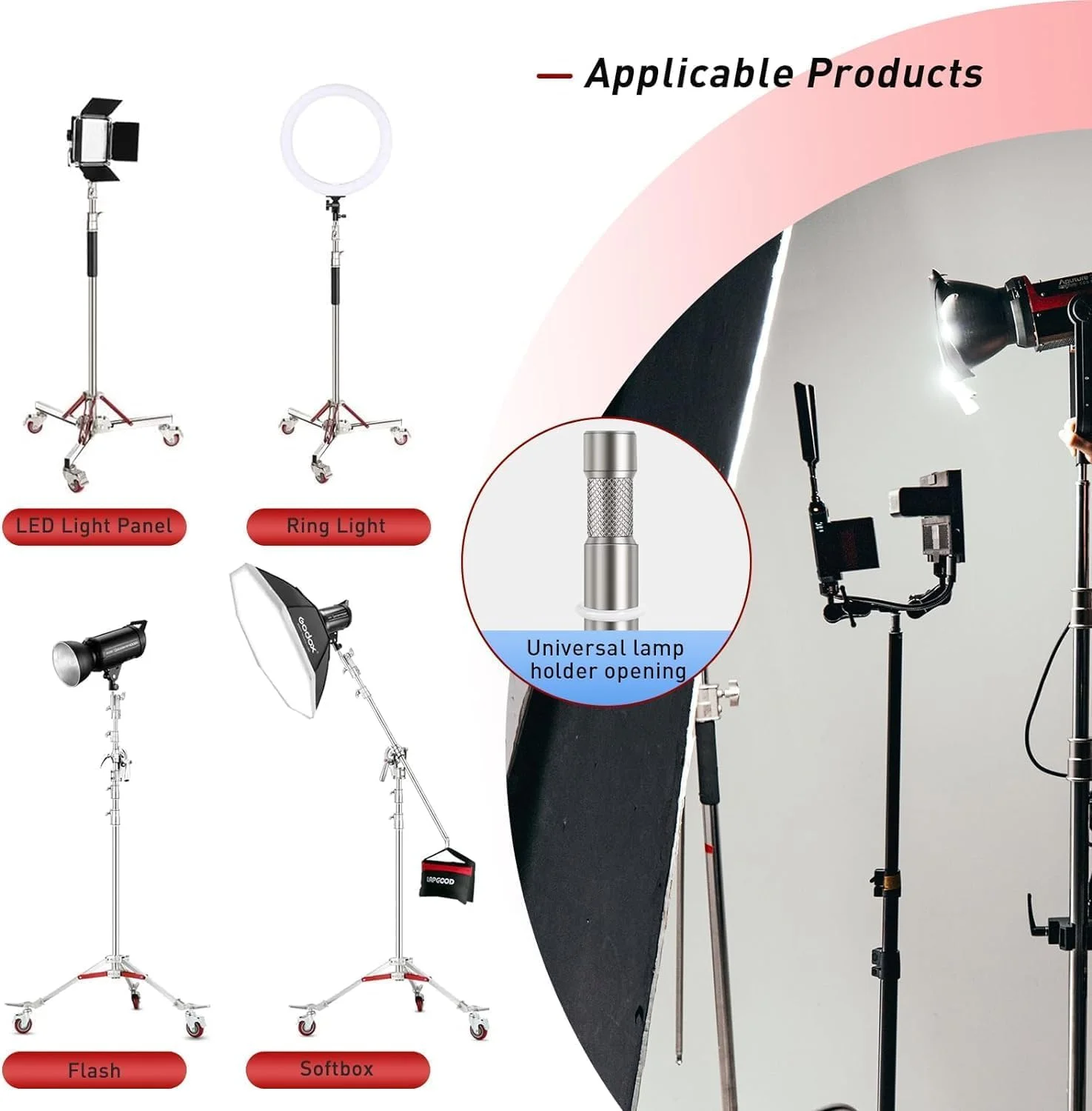 پایه نور سنگین و مقاوم ای‌وینر با چرخ‌های قابل تنظیم، سه پایه استیل ضد زنگ چرخ‌دار برای نورهای استودیویی، سافت باکس، رفلکتور، حداکثر ارتفاع: 305 سانتی‌متر