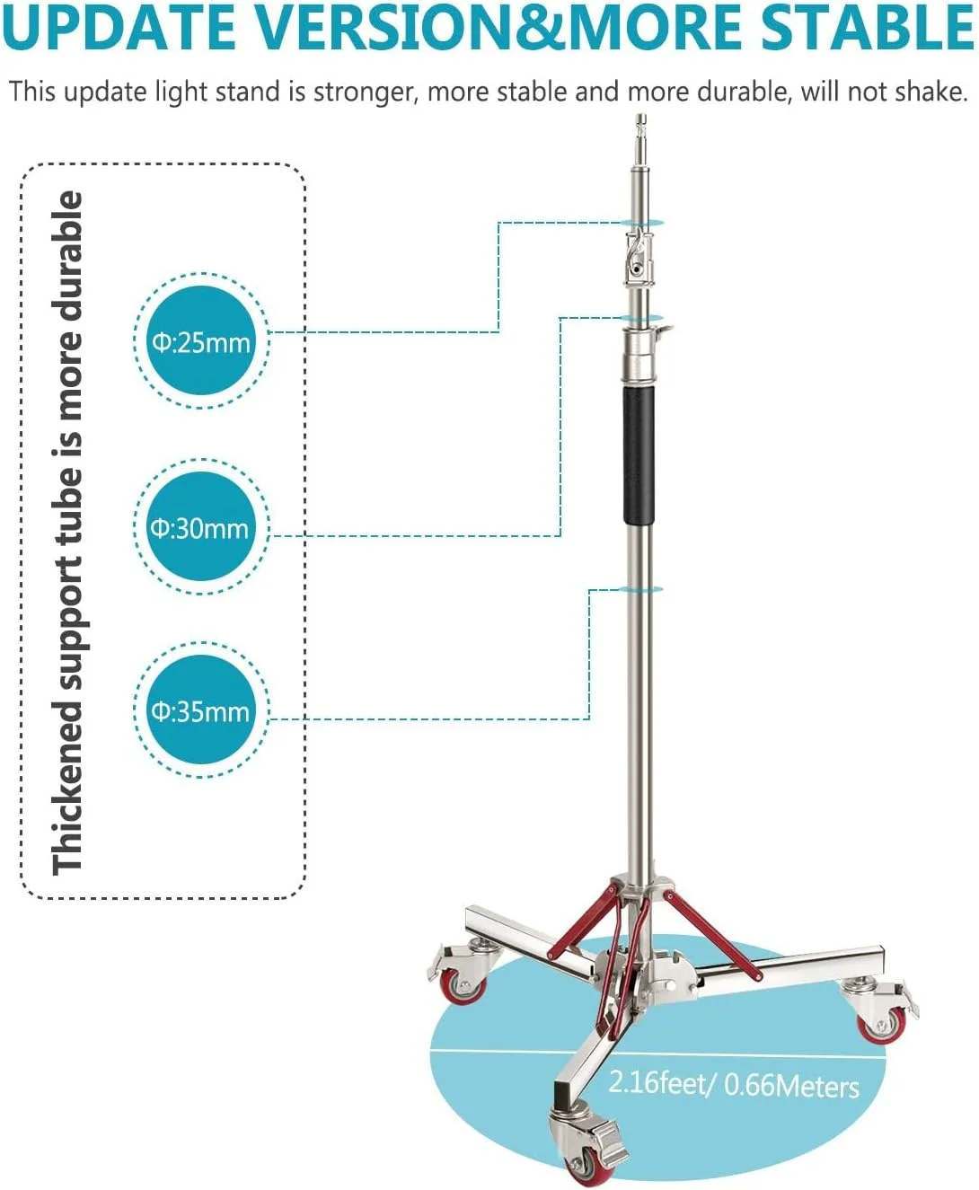 پایه نور سنگین و مقاوم ای‌وینر با چرخ‌های قابل تنظیم، سه پایه استیل ضد زنگ چرخ‌دار برای نورهای استودیویی، سافت باکس، رفلکتور، حداکثر ارتفاع: 305 سانتی‌متر