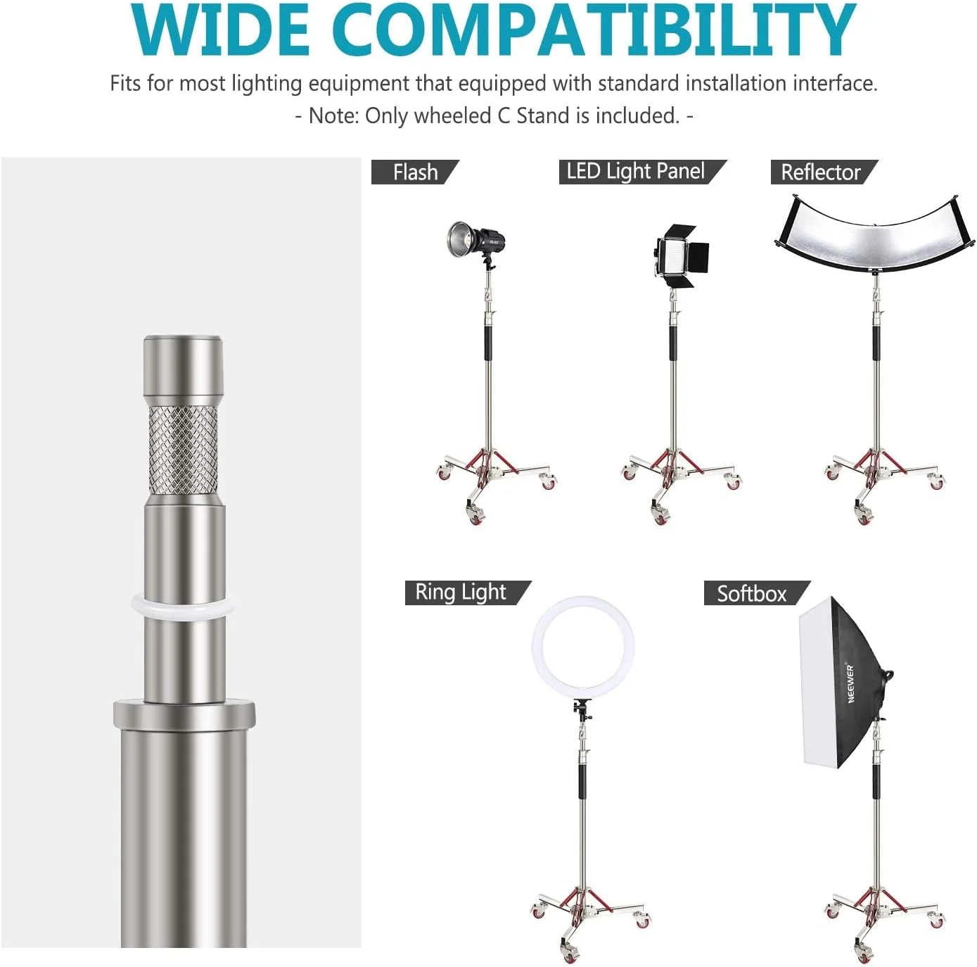 پایه نور سنگین و مقاوم ای‌وینر با چرخ‌های قابل تنظیم، سه پایه استیل ضد زنگ چرخ‌دار برای نورهای استودیویی، سافت باکس، رفلکتور، حداکثر ارتفاع: 305 سانتی‌متر