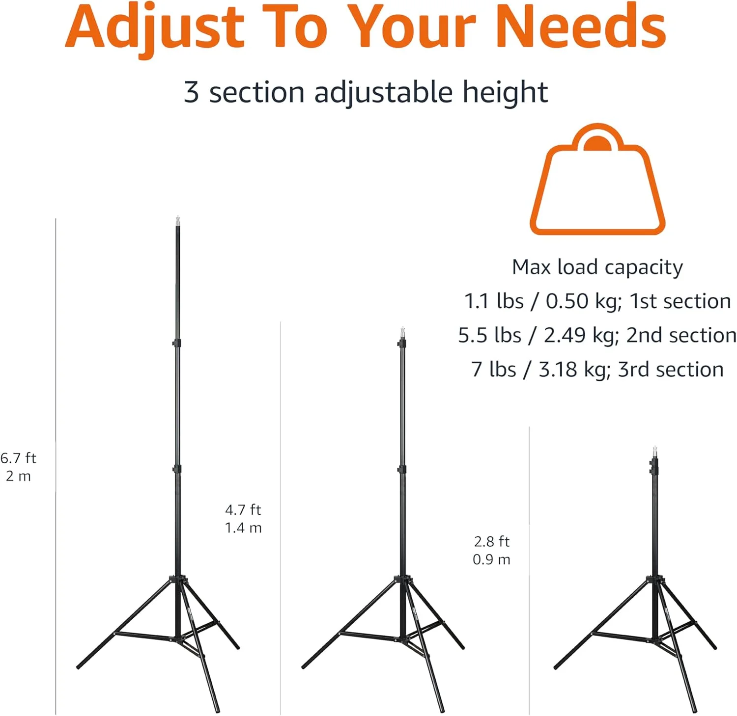 پایه سه پایه آلومینیومی نورپردازی آمازون با کیف - 0.8 تا 2.1 متر، مشکی
