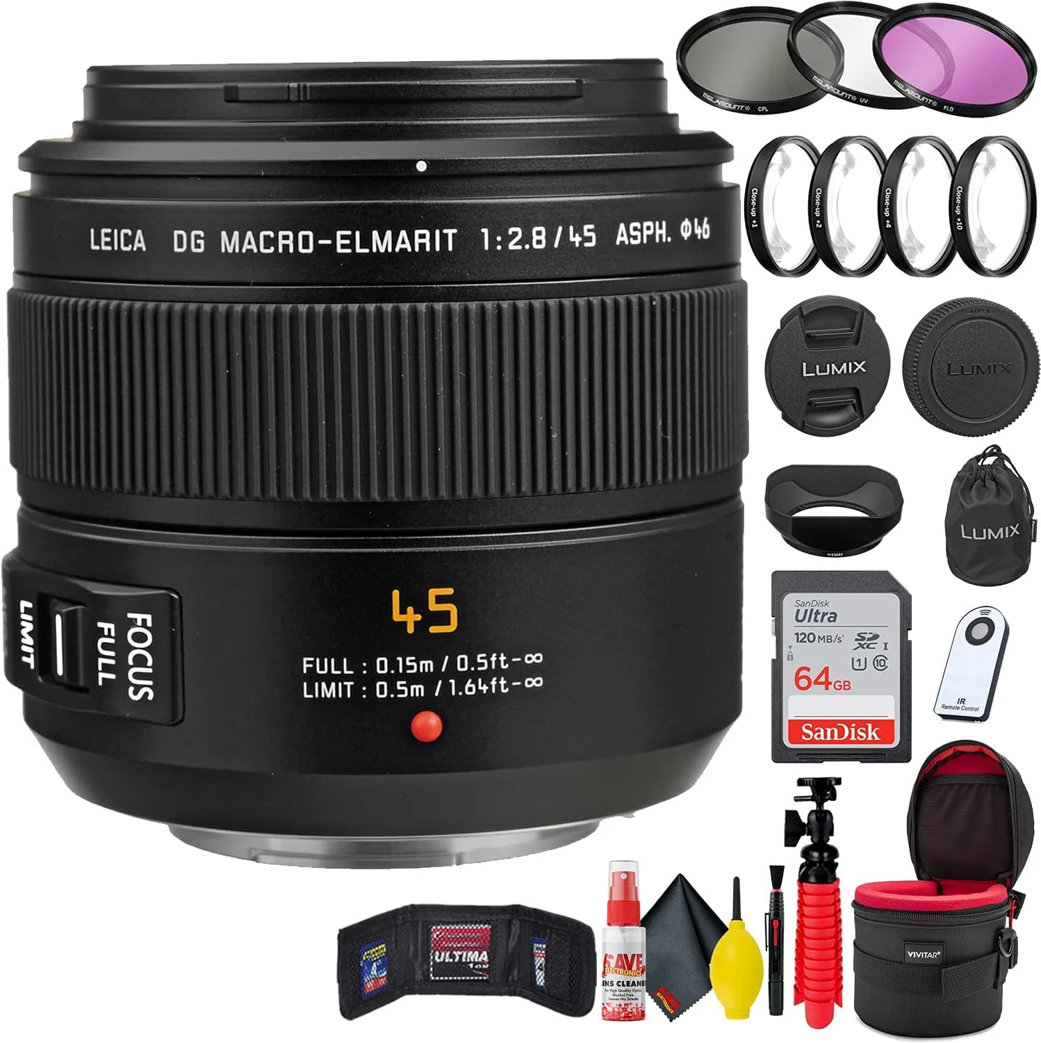 لنز DG Macro-Elmarit (H-ES045) 45mm f/2.8 ASPH Mega O.I.S + کارت حافظه 64 گیگابایتی SD + فیلتر کلوزآپ + کیت فیلتر + درب لنز + کیف لنز + کیف کارت حافظه + سه پایه + شاتر از راه دور بی سیم + موارد دیگر