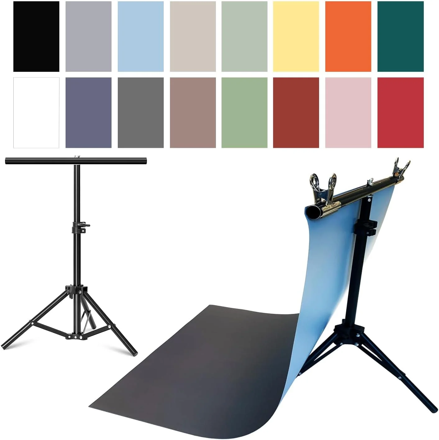 ۸ عدد کاغذ پس زمینه عکاسی رومیزی با ۱۶ طرح مختلف به همراه پایه، مناسب عکاسی از محصولات کوچک، دو رو، ابعاد ۵۵x۸۵ سانتی متر، بدون درز، مناسب برای عکاسی از غذا، جواهرات و لوازم آرایشی