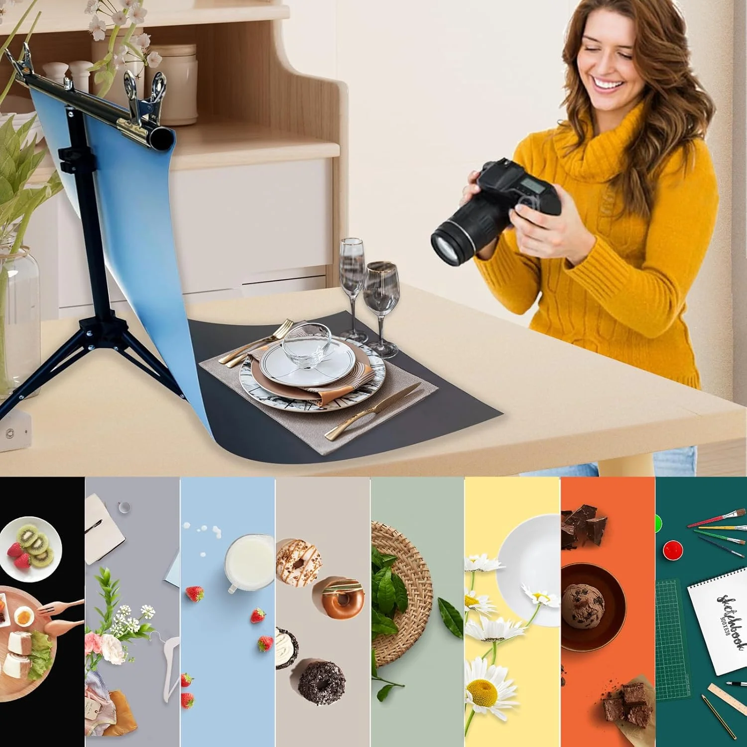 ۸ عدد کاغذ پس زمینه عکاسی رومیزی با ۱۶ طرح مختلف به همراه پایه، مناسب عکاسی از محصولات کوچک، دو رو، ابعاد ۵۵x۸۵ سانتی متر، بدون درز، مناسب برای عکاسی از غذا، جواهرات و لوازم آرایشی