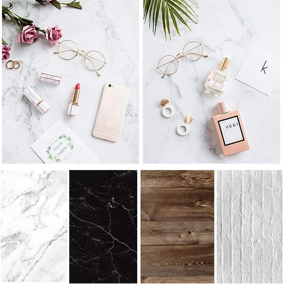 مجموعه ۴ عددی پس زمینه عکاسی مواد غذایی Bcolor، سایز ۵۶x۸۸ سانتی‌متر، دو رو، طرح سنگ مرمر و چوب، مناسب برای عکاسی از محصولات، جواهرات و چیدمان میز، دارای ۸ الگو