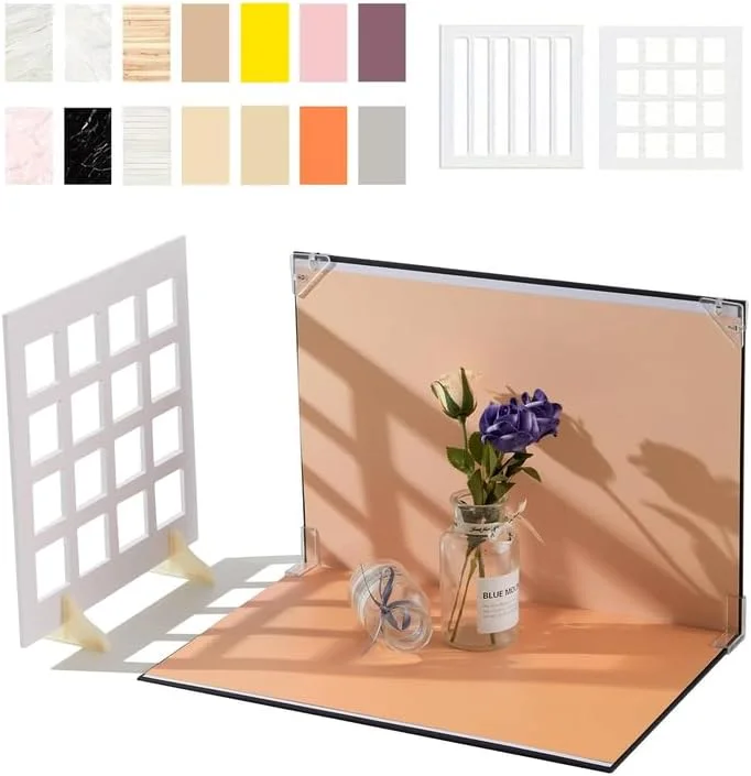 مجموعه 7 عددی تخته پس زمینه عکس دو طرفه، کاغذ پس زمینه PVC تخت 40x29 سانتی متر، 14 طرح، به همراه 2 عدد پنل سایه پنجره 28x28 سانتی متر برای عکاسی از محصول، غذا و جواهرات