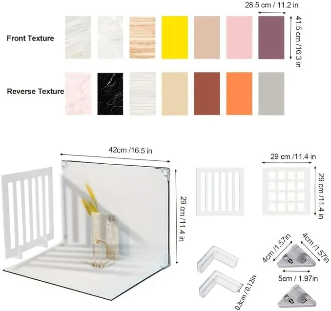 مجموعه 7 عددی تخته پس زمینه عکس دو طرفه، کاغذ پس زمینه PVC تخت 40x29 سانتی متر، 14 طرح، به همراه 2 عدد پنل سایه پنجره 28x28 سانتی متر برای عکاسی از محصول، غذا و جواهرات