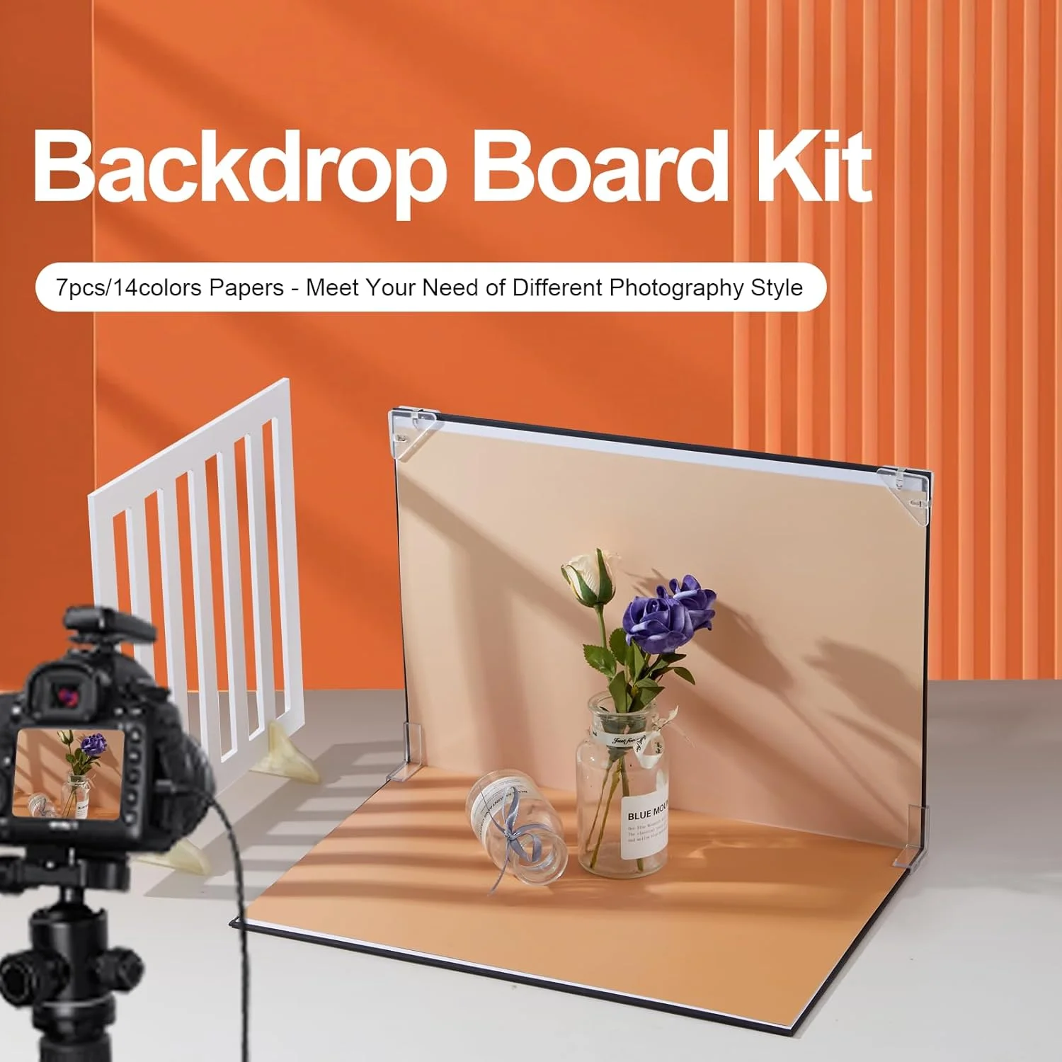 مجموعه 7 عددی تخته پس زمینه عکس دو طرفه، کاغذ پس زمینه PVC تخت 40x29 سانتی متر، 14 طرح، به همراه 2 عدد پنل سایه پنجره 28x28 سانتی متر برای عکاسی از محصول، غذا و جواهرات