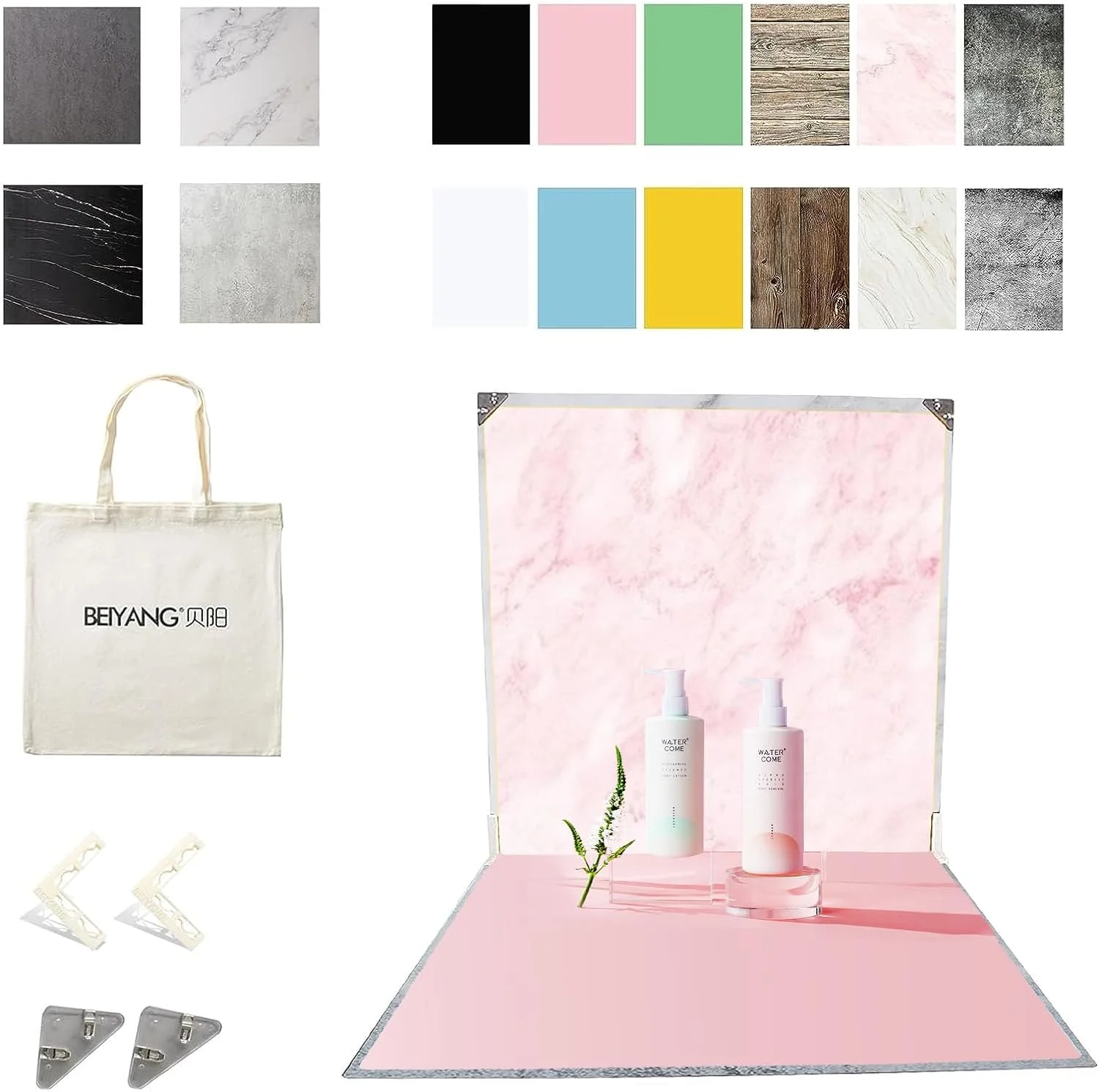 کاغذ پس زمینه عکاسی دو طرفه 6 عددی و تخته پس زمینه عکس 2 عددی، 60x60 سانتی متر، با کیف حمل و اجزا، مجموعه پس زمینه 16 طرح برای نیازهای عکاسی، ضد آب، قابل حمل