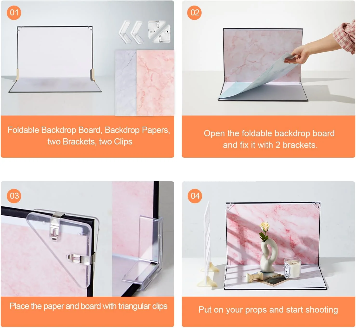 مجموعه 7 عددی تخته پس زمینه عکس دو طرفه، کاغذ پس زمینه PVC تخت 40x29 سانتی متر، 14 طرح، به همراه 2 عدد پنل سایه پنجره 28x28 سانتی متر برای عکاسی از محصول، غذا و جواهرات